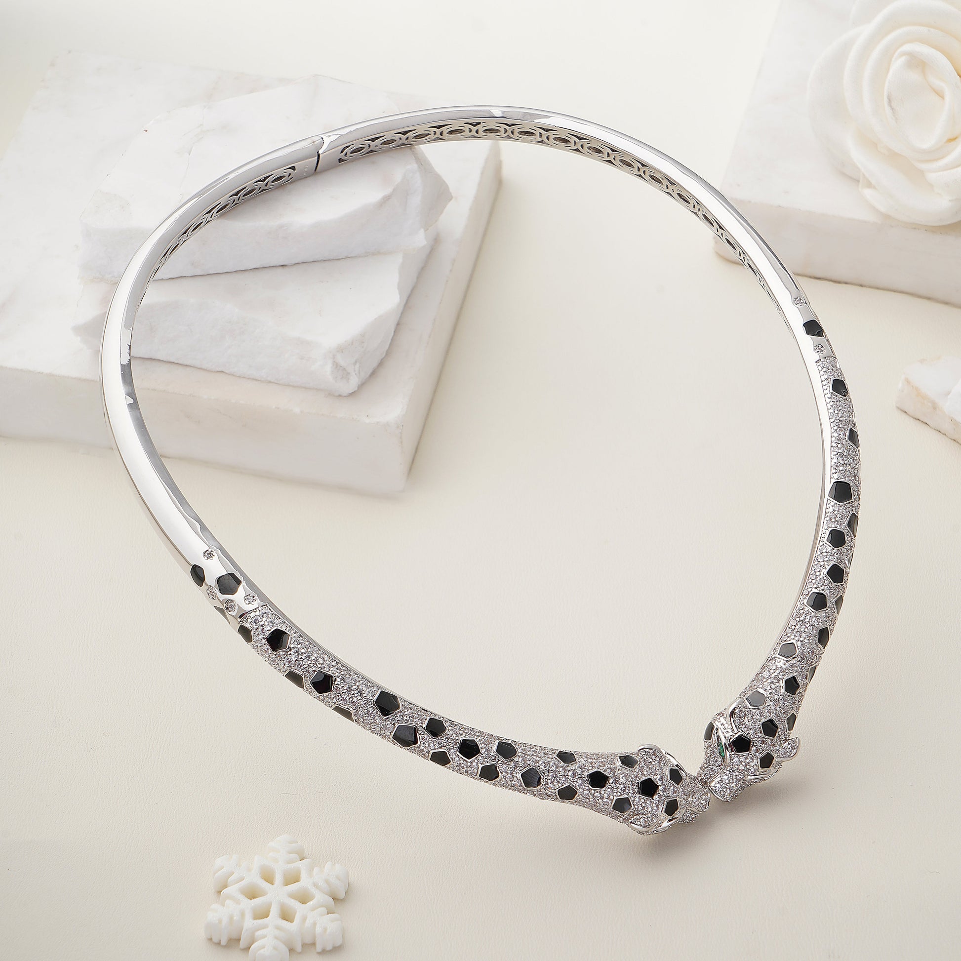 Leopard Choker Statement Hinge Necklace with Pave Simulated Diamond in Brass 16"- Stars and Vogue