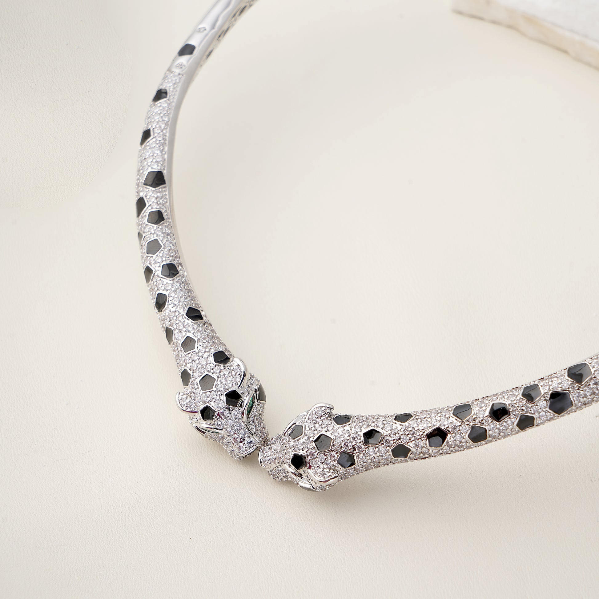 Leopard Choker Statement Hinge Necklace with Pave Simulated Diamond in Brass 16"- Stars and Vogue