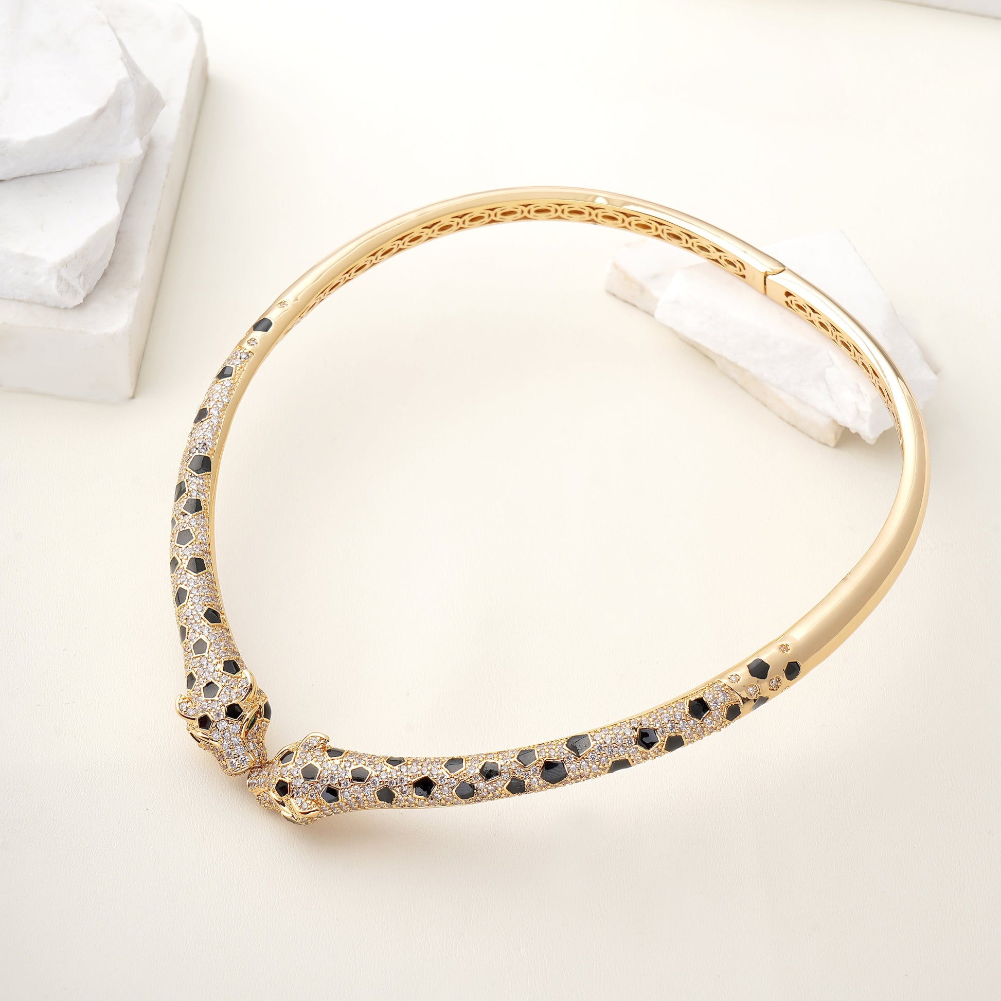 Leopard Choker Statement Hinge Necklace in Pave Simulated Diamond and Yellow Gold Over Brass 16"- Stars and Vogue