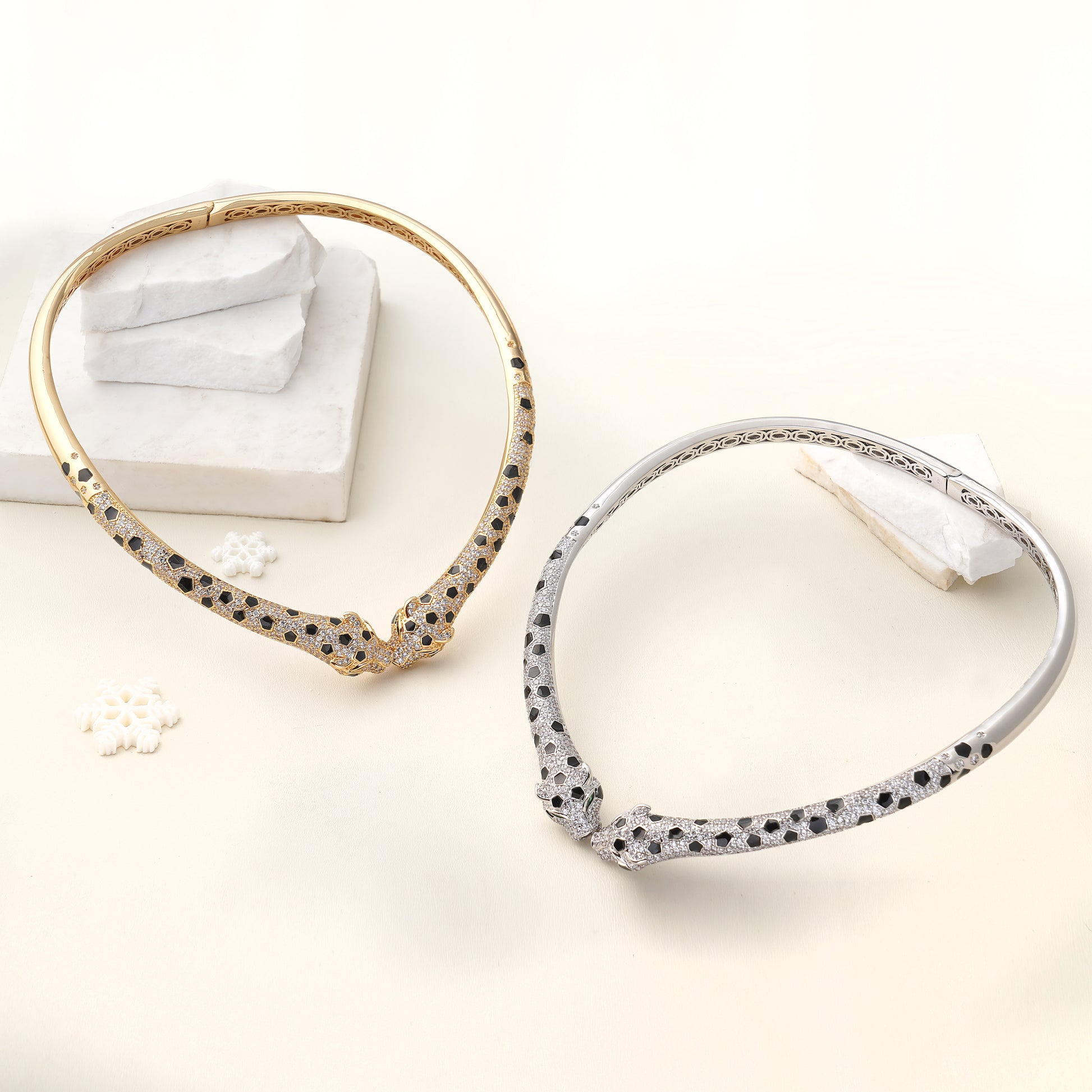 Leopard Choker Statement Hinge Necklace with Pave Simulated Diamond in Brass 16"- Stars and Vogue