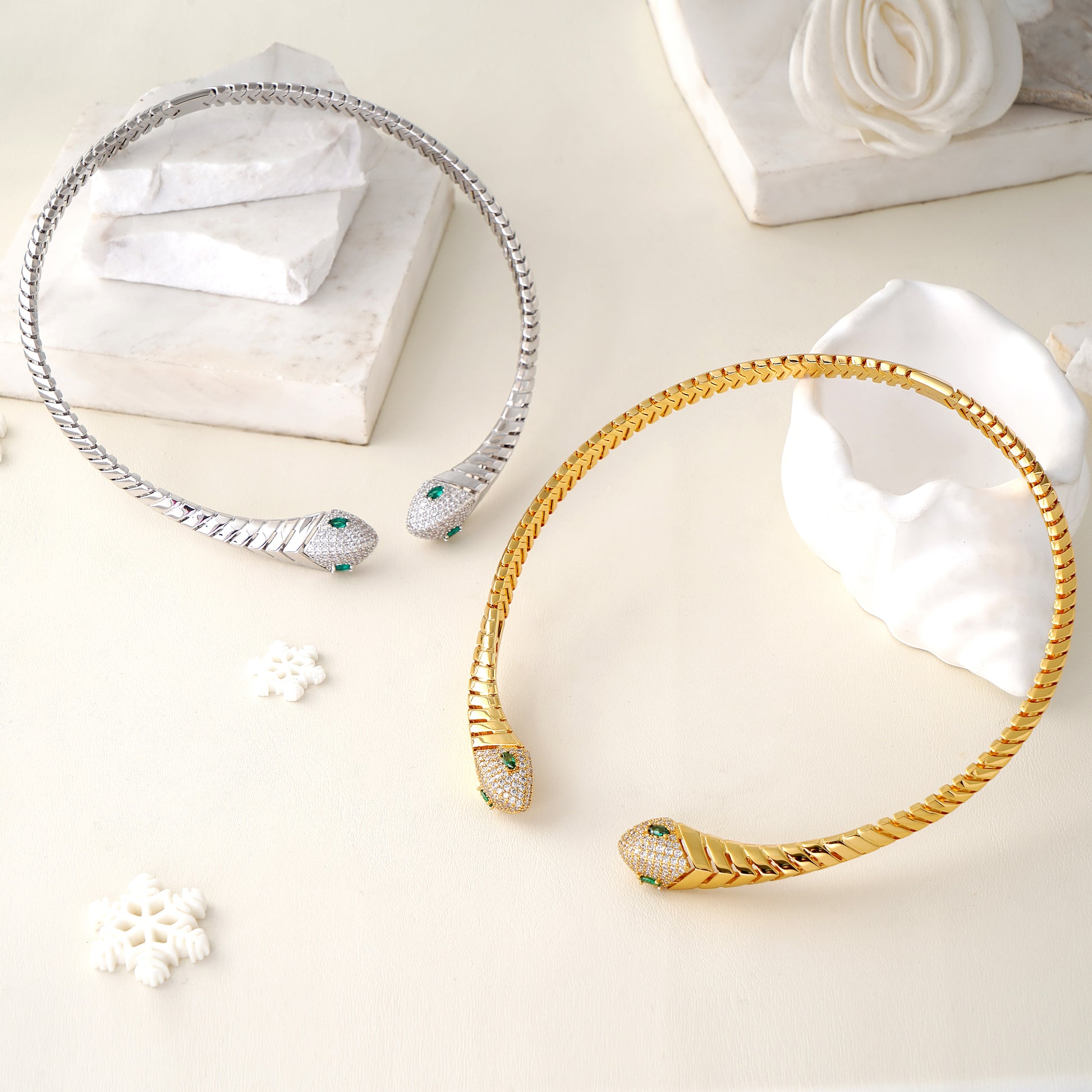 Snake Choker Statement Hinge Necklace with Pavé Simulated Diamonds in Yellow Gold Plated Brass 16"- Stars and Vogue