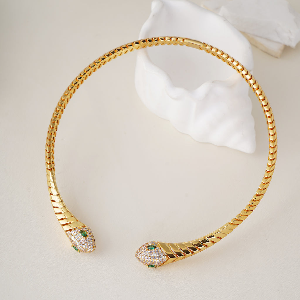 Snake Choker Statement Hinge Necklace with Pavé Simulated Diamonds in Yellow Gold Plated Brass 16"- Stars and Vogue