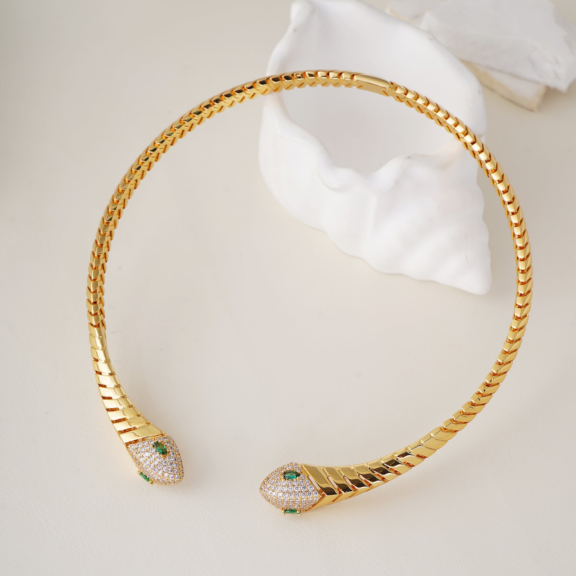 Snake Choker Statement Hinge Necklace with Pavé Simulated Diamonds in Yellow Gold Plated Brass 16"- Stars and Vogue