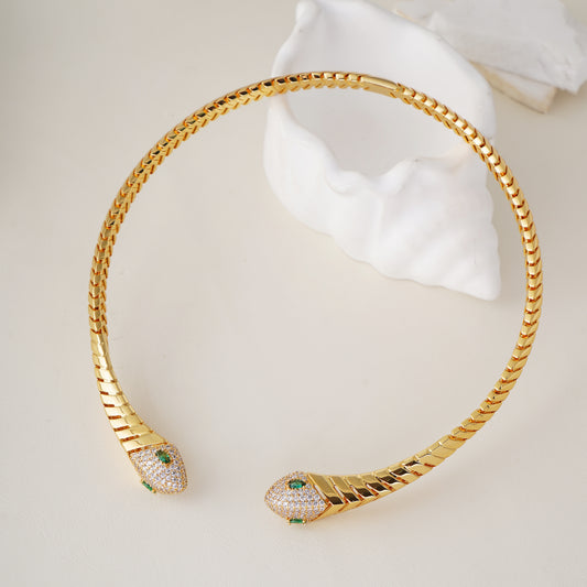 Snake Choker Statement Hinge Necklace with Pavé Simulated Diamonds in Yellow Gold Plated Brass 16"- Stars and Vogue