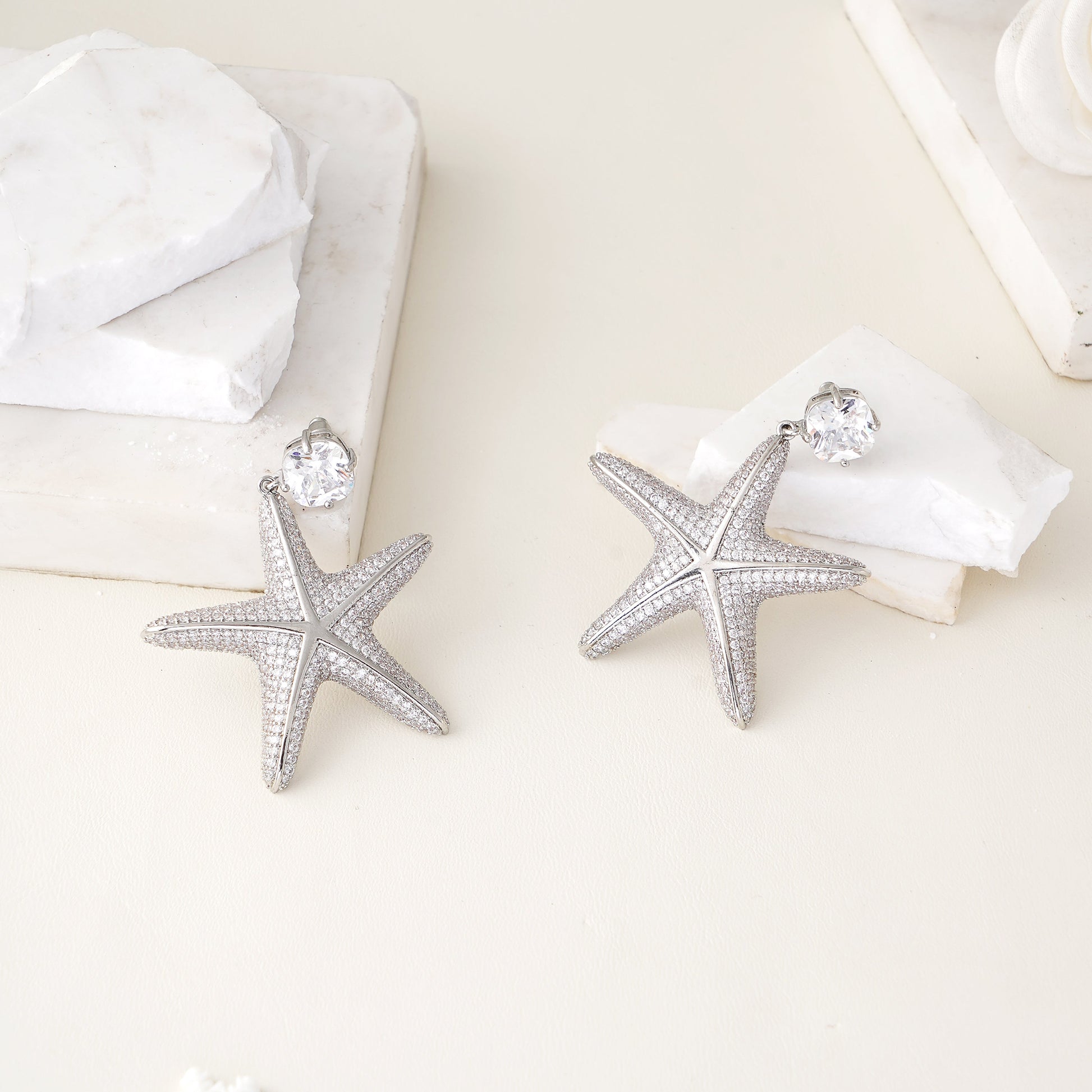 Statement Starfish earring with Pave Simulated Diamond in Brass with Silver Findings 2.15"- Stars and Vogue