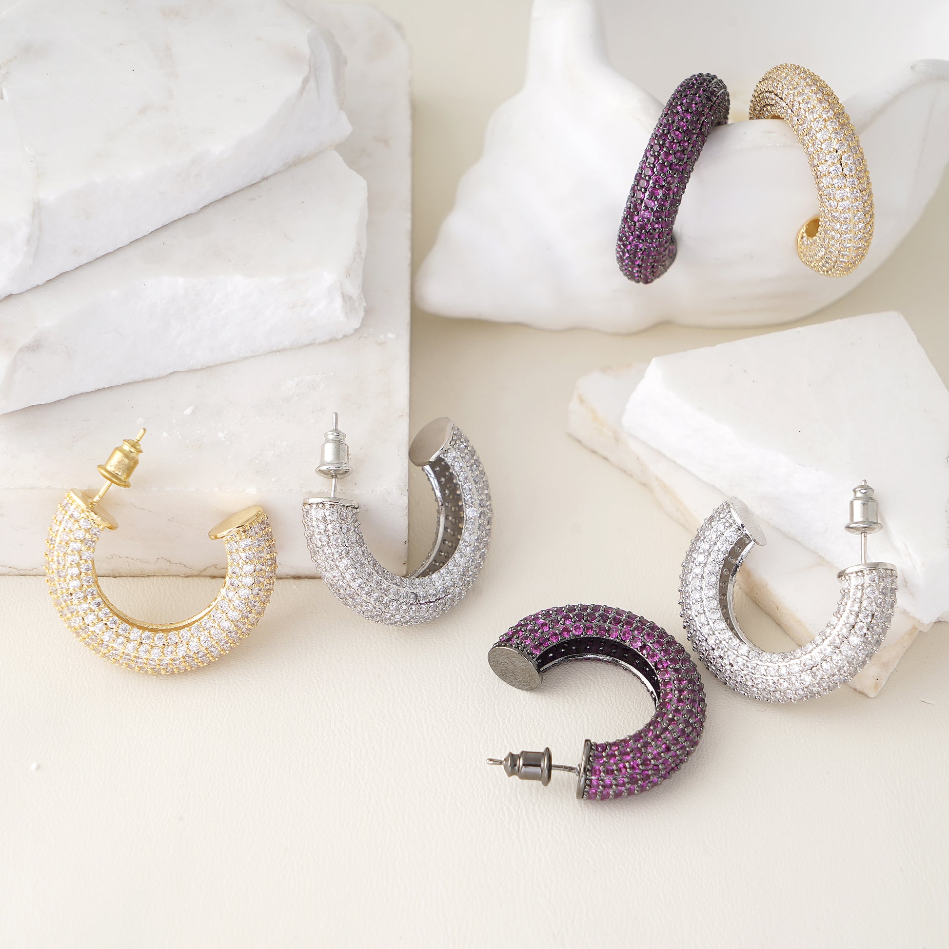 Hoop Earring with Pave Simulated Diamond in Brass and Silver Post- Stars and Vogue