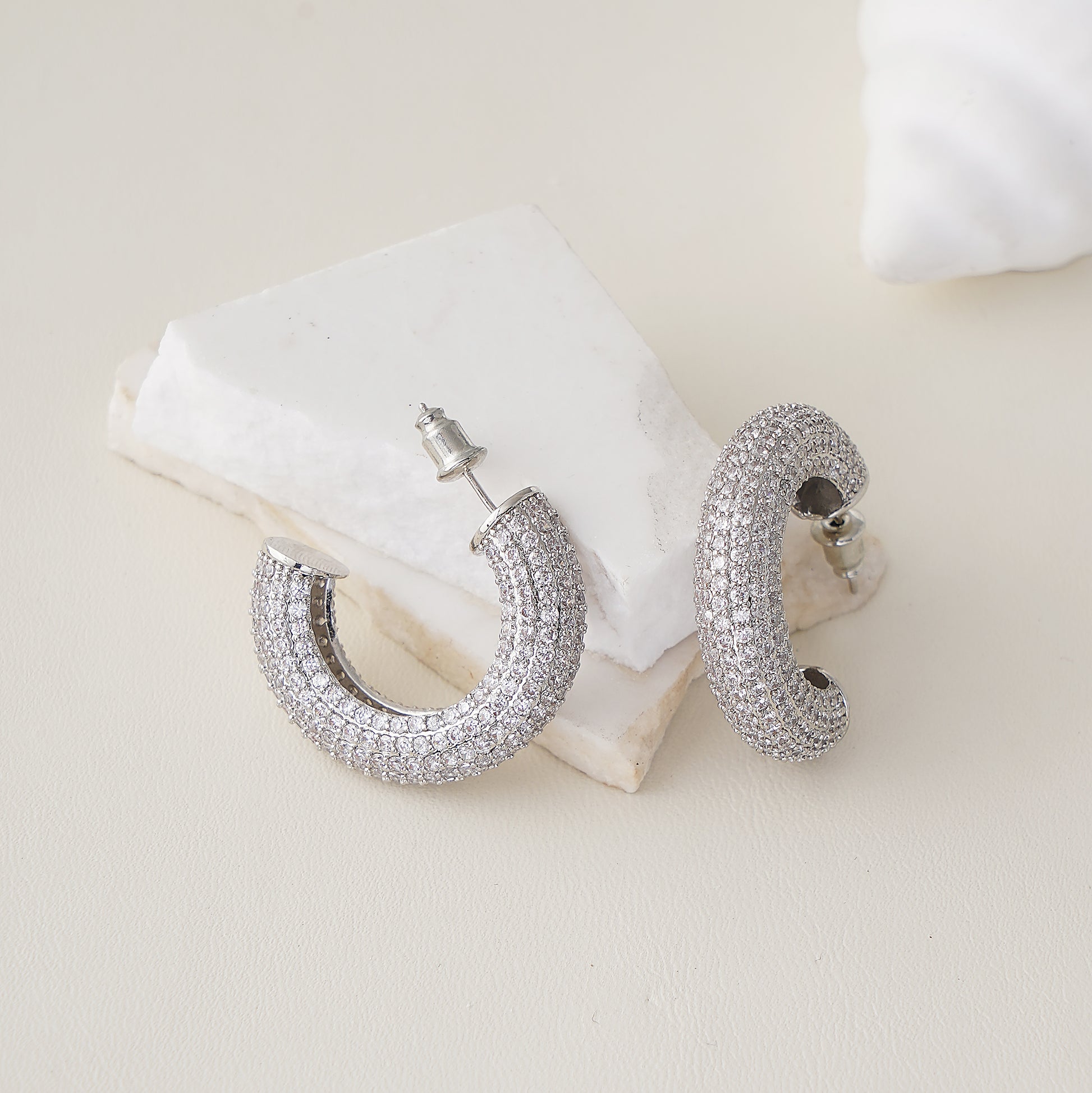 Hoop Earring with Pave Simulated Diamond in Brass and Silver Post- Stars and Vogue