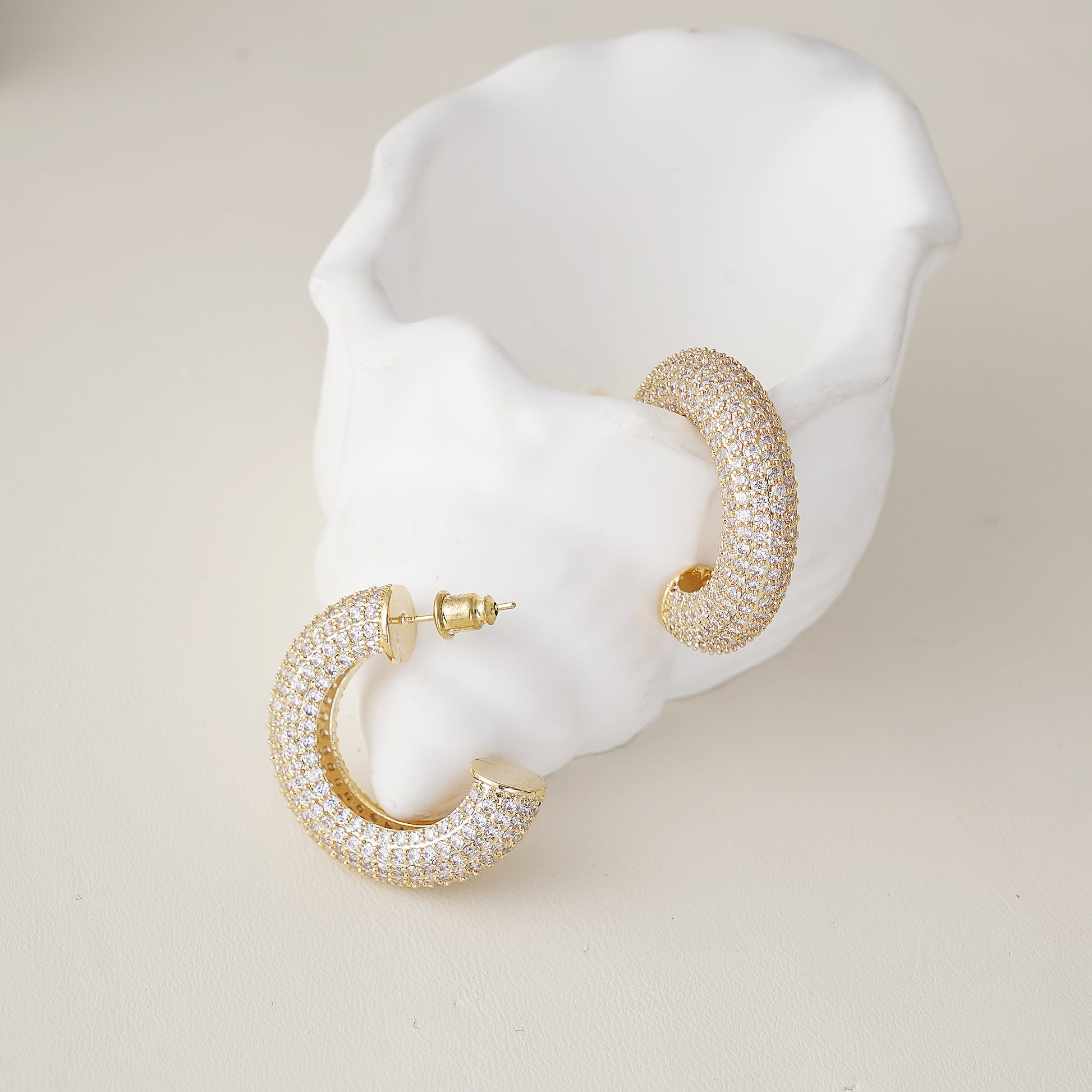 Hoop Earring with Pave Simulated Diamond in Brass and Silver Post and Yellow Gold Plated- Stars and Vogue