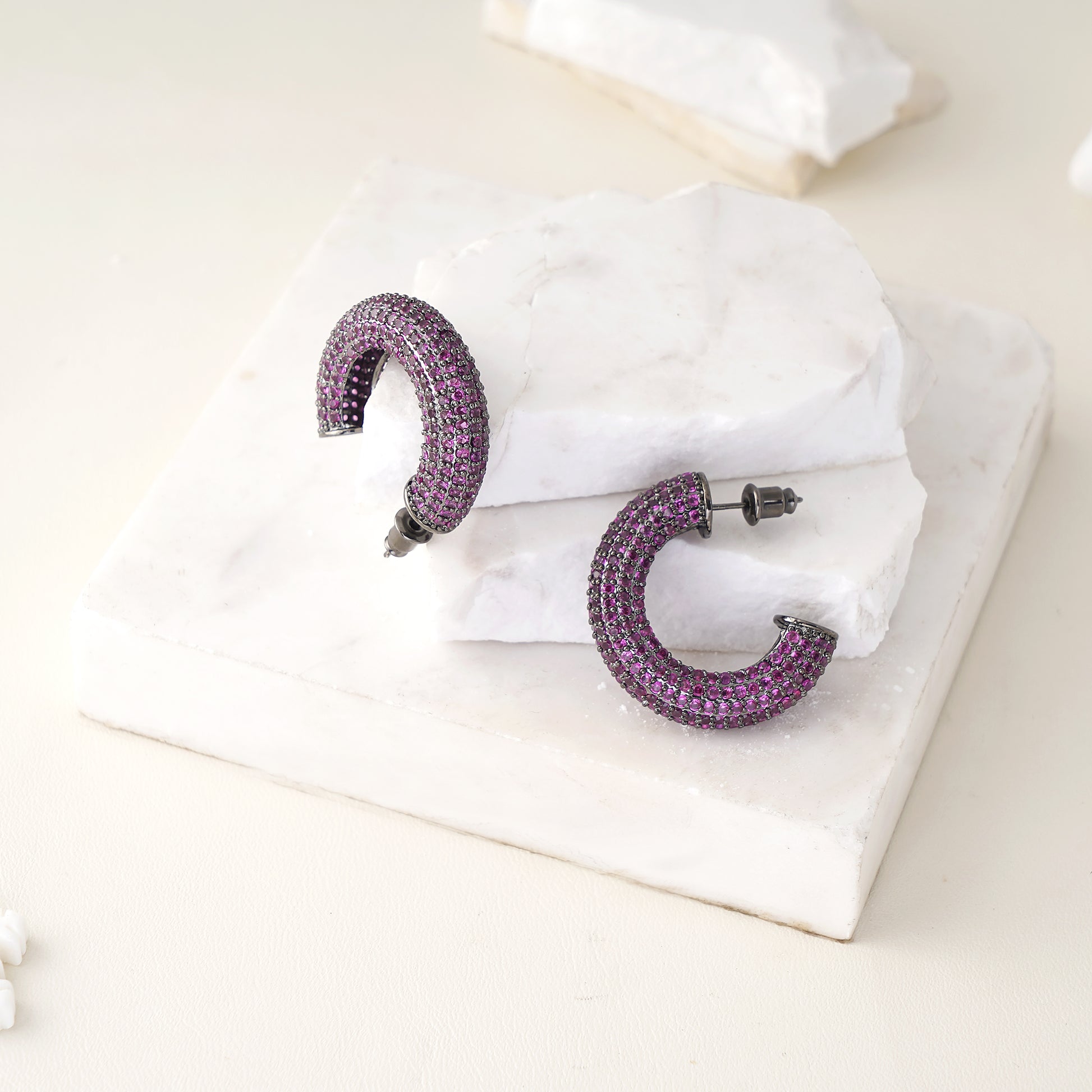 Hoop Earring with Pave Simulated Red Diamond in Brass and Silver Post- Stars and Vogue