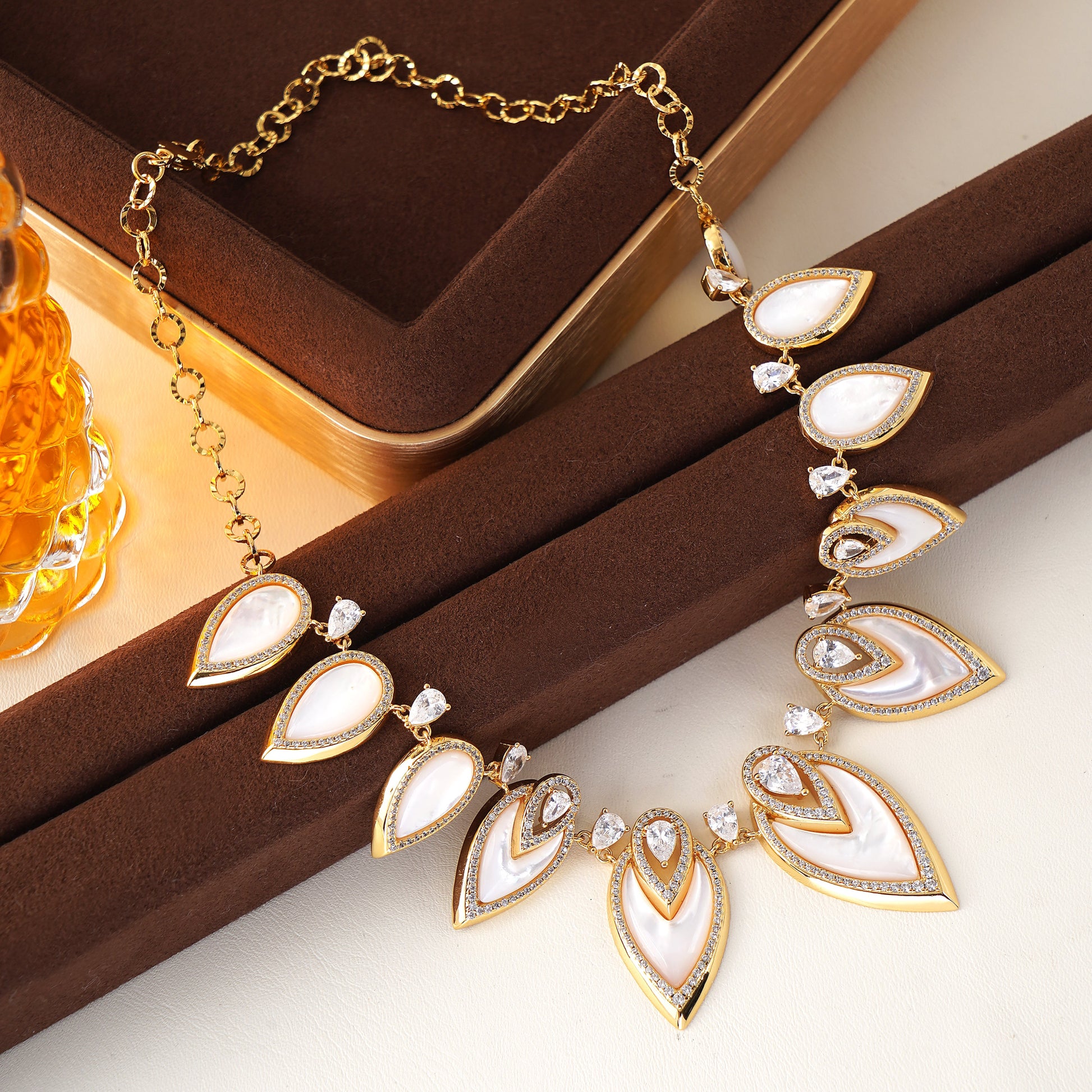 Designer Statement Necklace in Simulated White Mother of Pearl and Pave Simulated Diamond in Yellow Gold plated Brass 16"+2"extender- Stars and Vogue