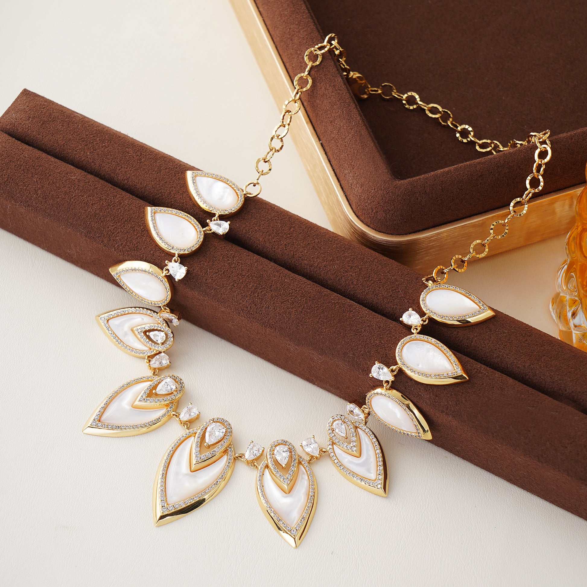 Designer Statement Necklace in Simulated White Mother of Pearl and Pave Simulated Diamond in Yellow Gold plated Brass 16"+2"extender- Stars and Vogue