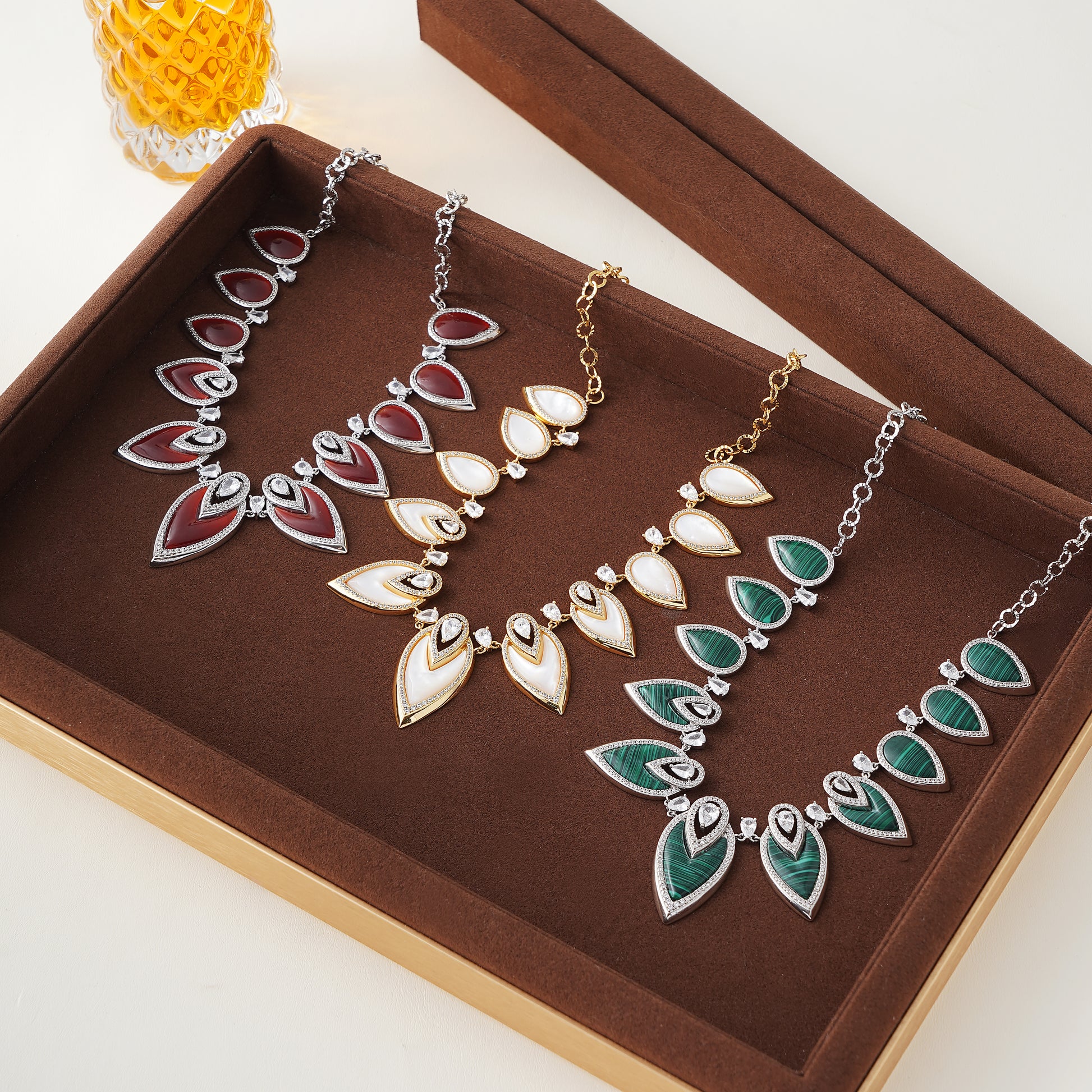 Designer Statement Necklace in Simulated Red Coral and Pave Simulated Diamond in Brass 16"+2"extender- Stars and Vogue