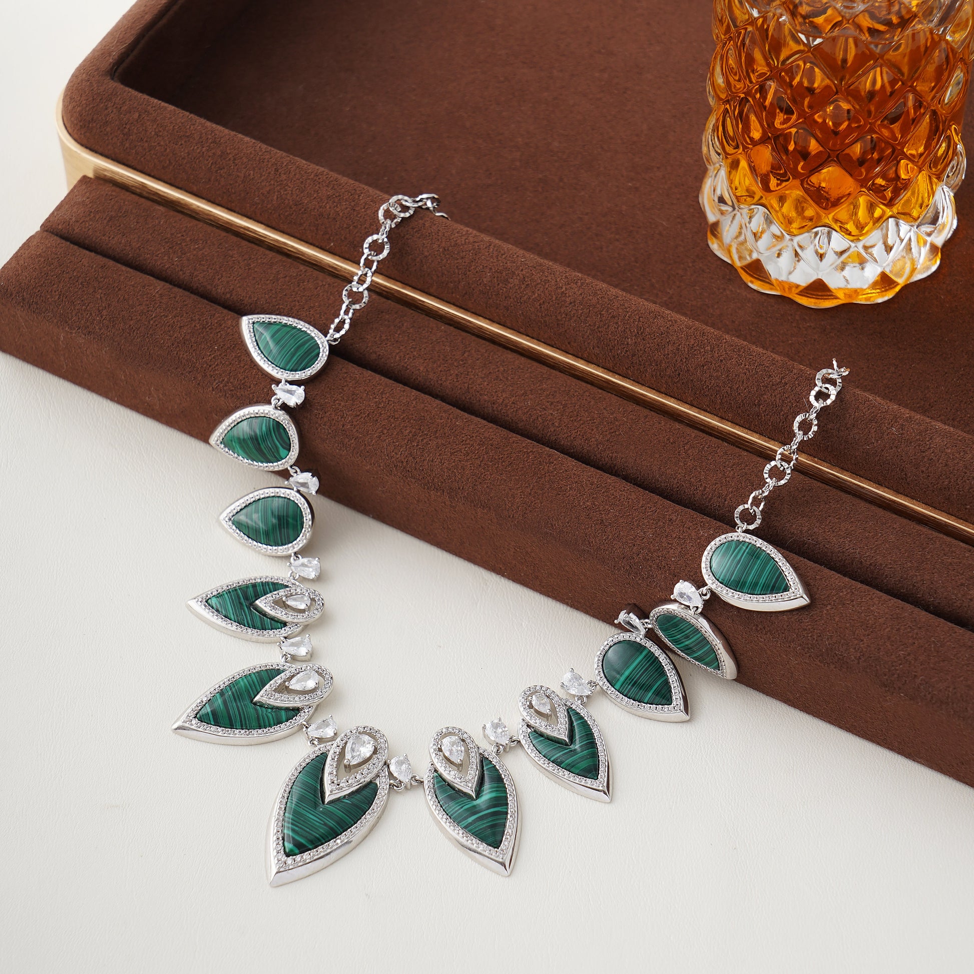 Designer Statement Necklace in Simulated Green Malachite and Pave Simulated Diamond in Brass 16"+2"extender- Stars and Vogue