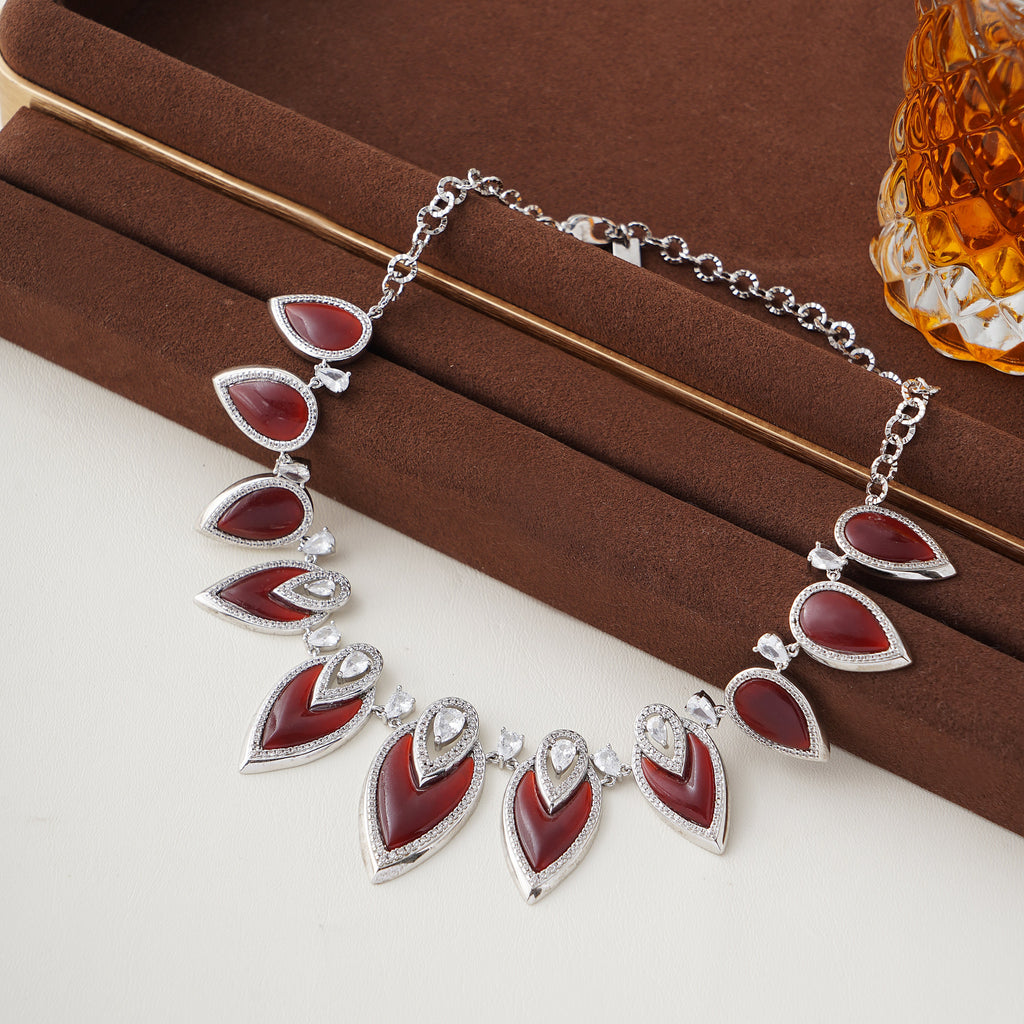 Designer Statement Necklace in Simulated Red Coral and Pave Simulated Diamond in Brass 16"+2"extender- Stars and Vogue