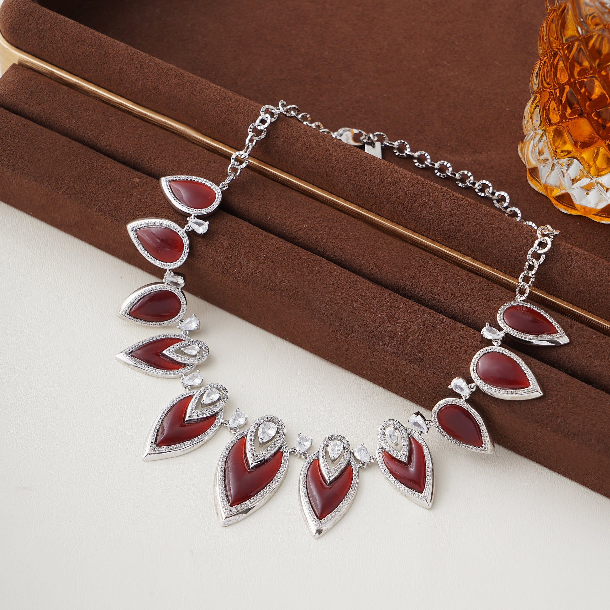 Designer Statement Necklace in Simulated Red Coral and Pave Simulated Diamond in Brass 16"+2"extender- Stars and Vogue