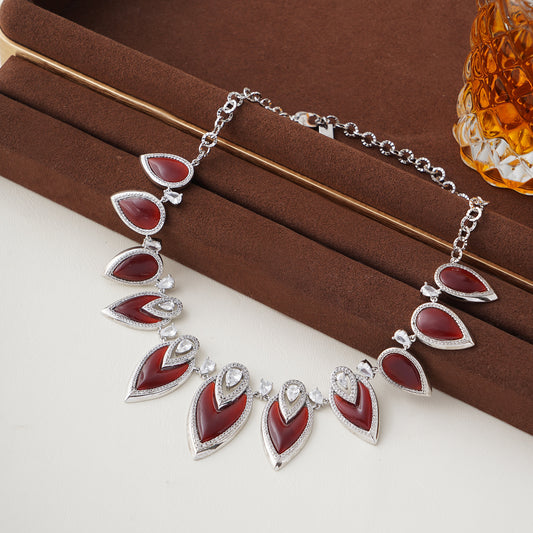 Designer Statement Necklace in Simulated Red Coral and Pave Simulated Diamond in Brass 16"+2"extender- Stars and Vogue