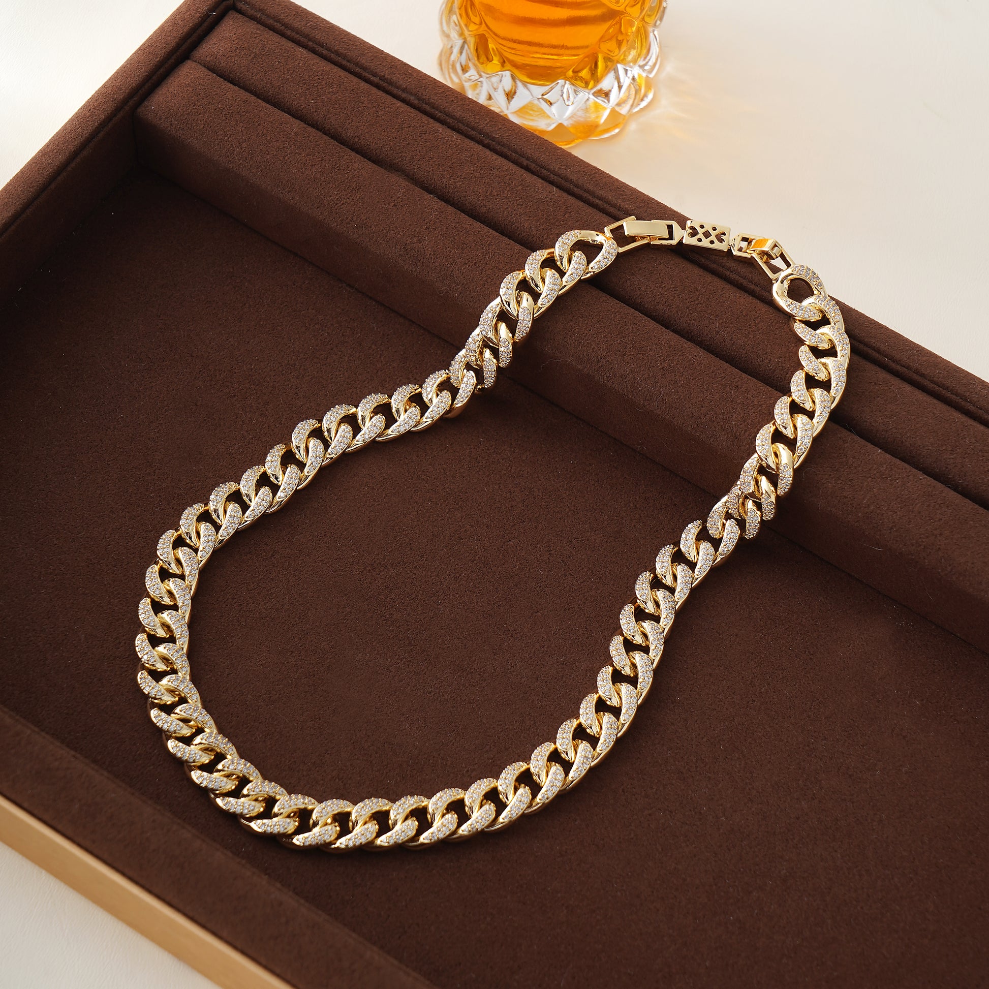 Cuban Link Chain Necklace with Pave Simulated Diamond 18" in Yellow Gold Plated Brass- Stars and Vogue