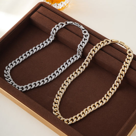 Cuban Link Chain Necklace with Pave Simulated Diamond 18" in Yellow Gold Plated Brass- Stars and Vogue