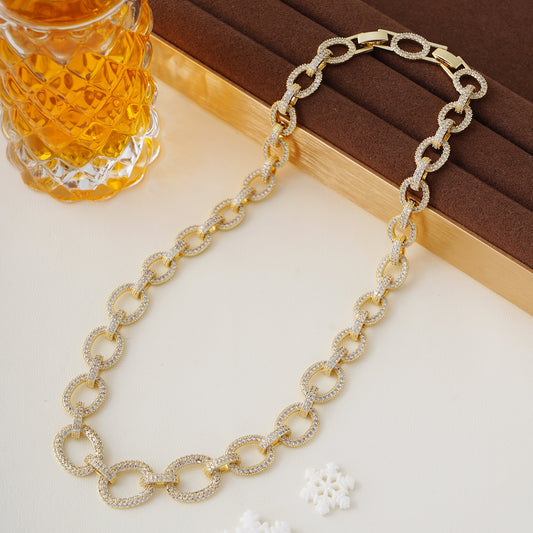 Gold Link Pave Chain in Simulated Diamond and Brass in Yellow gold Plating 18"- Stars and Vogue