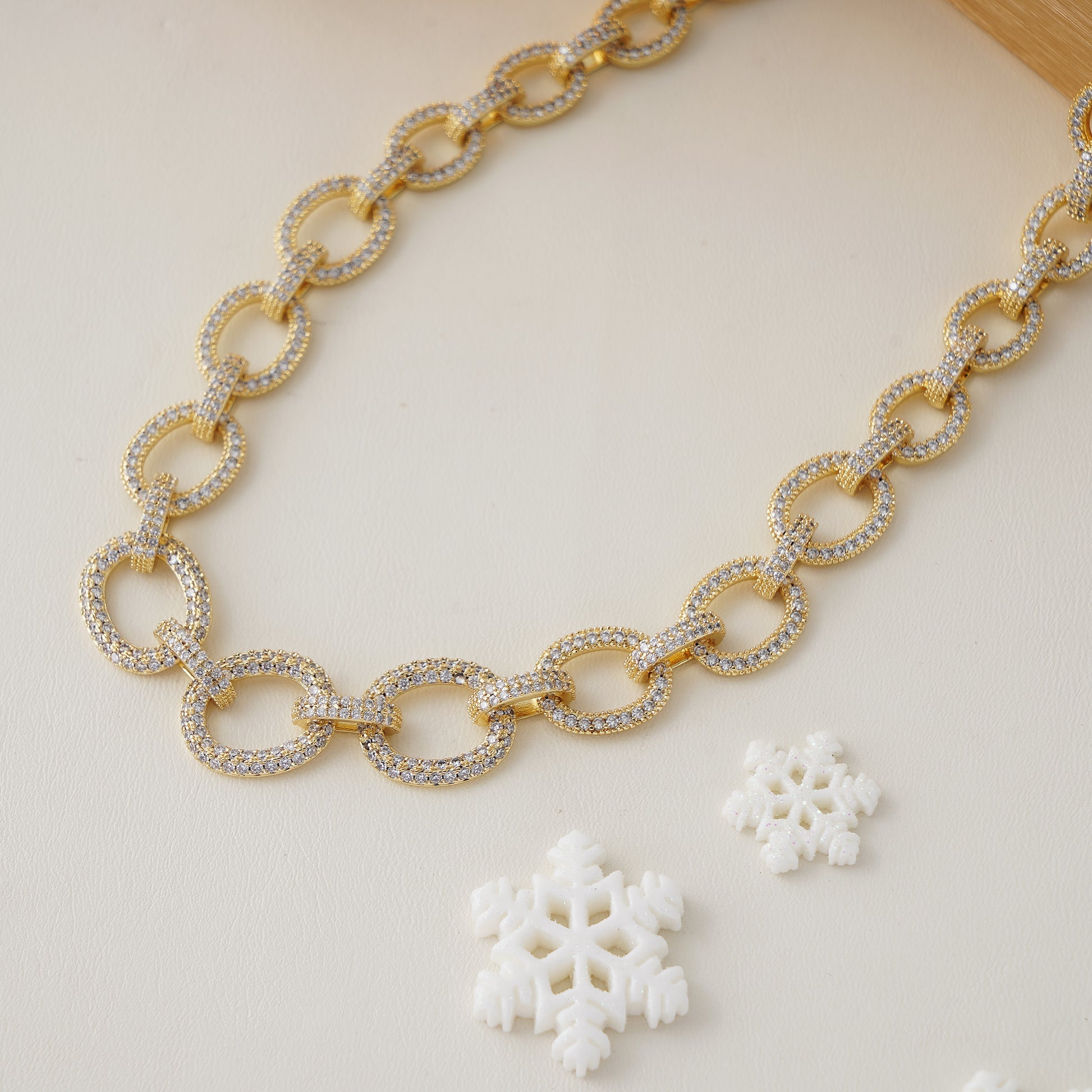 Gold Link Pave Chain in Simulated Diamond and Brass in Yellow gold Plating 18"- Stars and Vogue