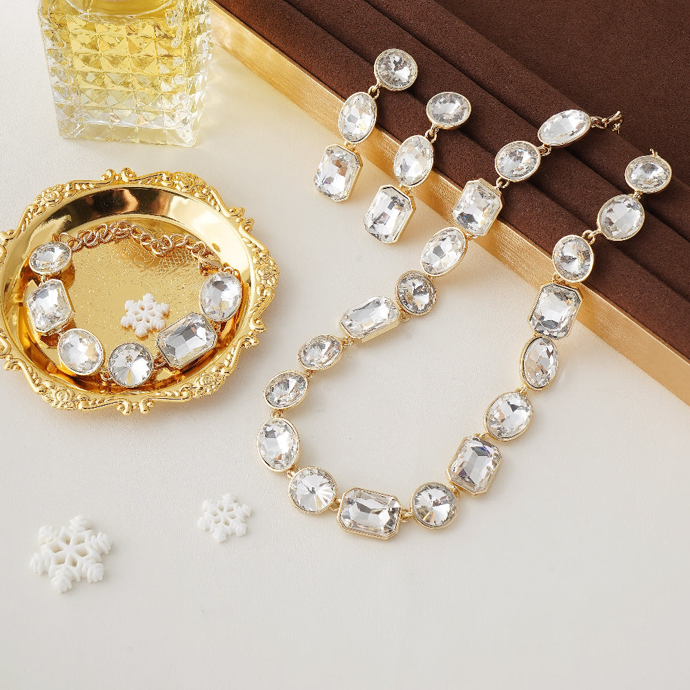 Art Deco Jewelry Set with White Crystals in Yellow Gold Brass-Stars and Vogue