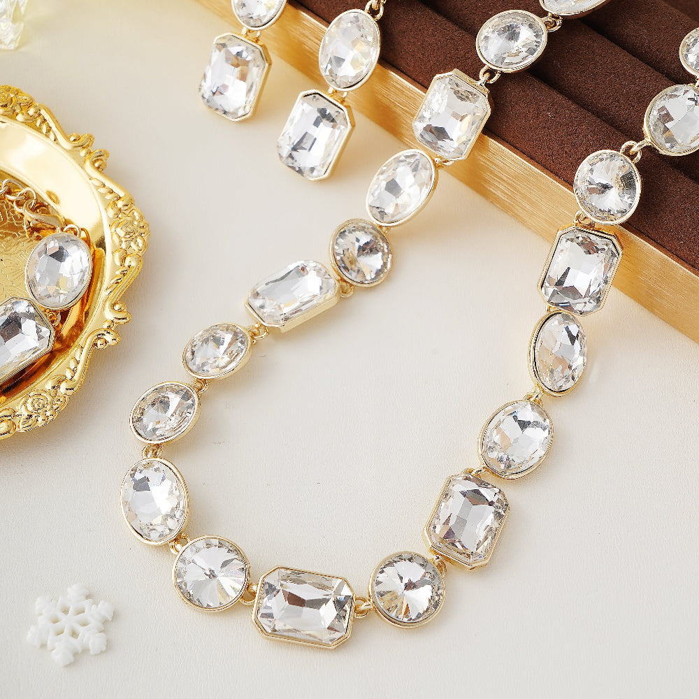 Art Deco Jewelry Set with White Crystals in Yellow Gold Brass-Stars and Vogue
