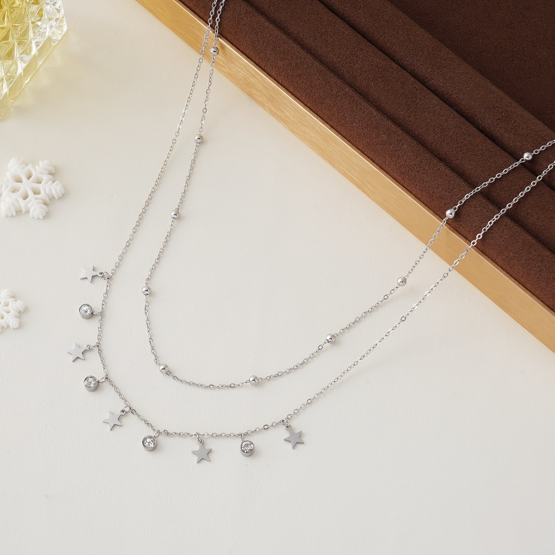 Star Charm Layered Necklace with Diamond Simulated in Stainless Steel 18"+2" extender- Stars and Vogue