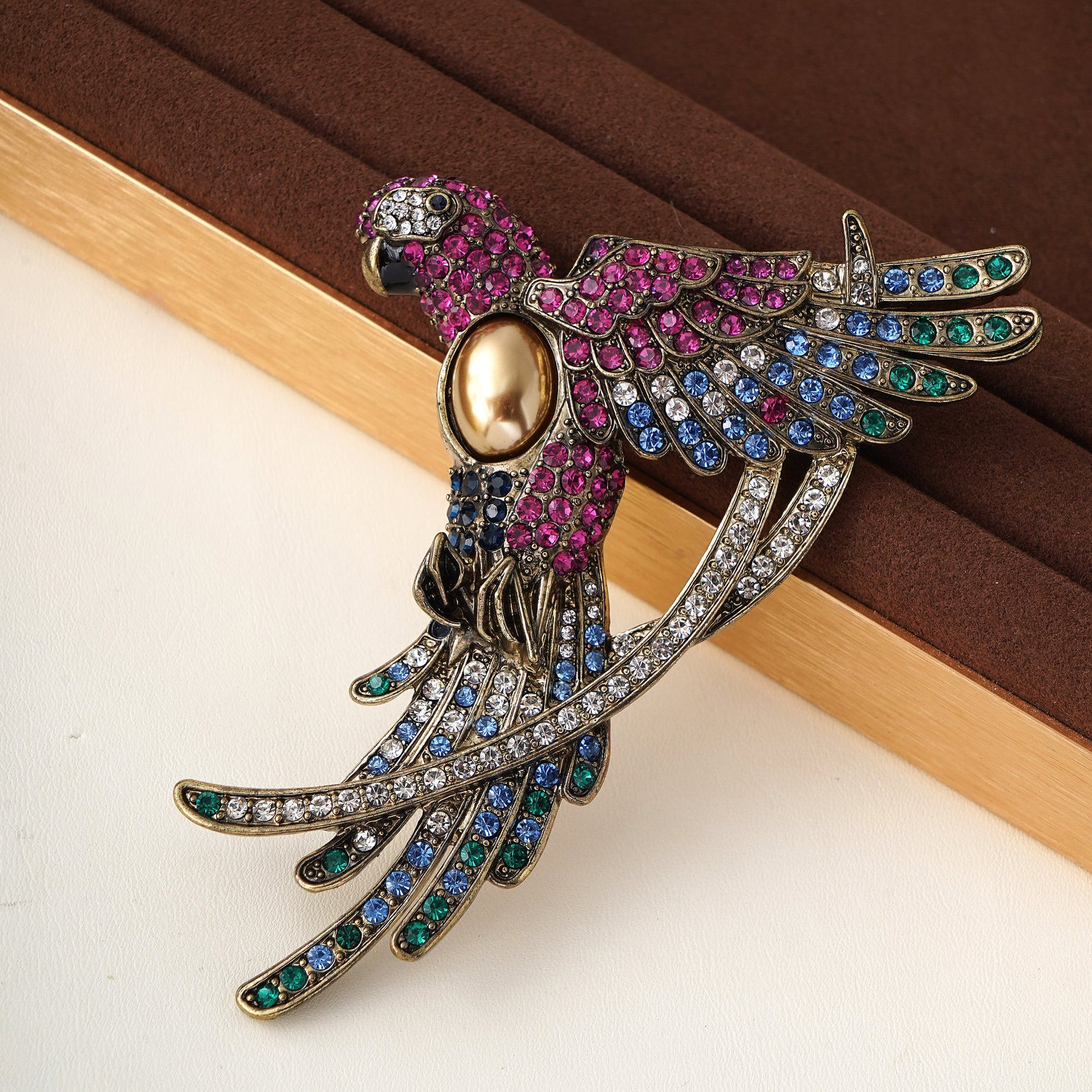 Statement Parrot Brooch Pin Jewelry with Multicolor Crystal in Yellow Gold Plating over Brass- Stars and Vogue