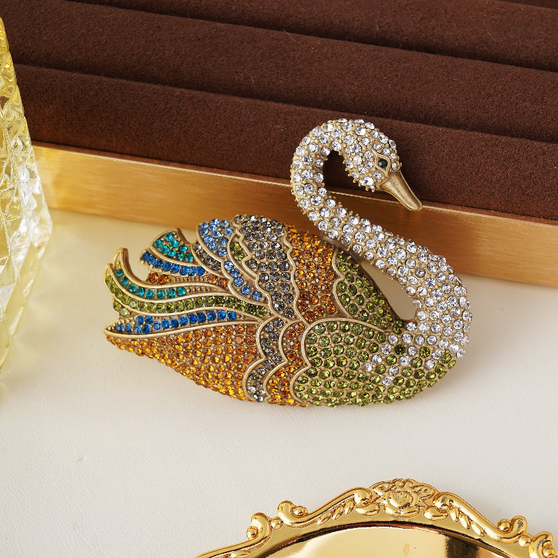 Luxury Statement Swan Brooch Pin Jewelry with Simulated Multicolor Gemstone in Yellow Gold over Brass- Stars and Vogue