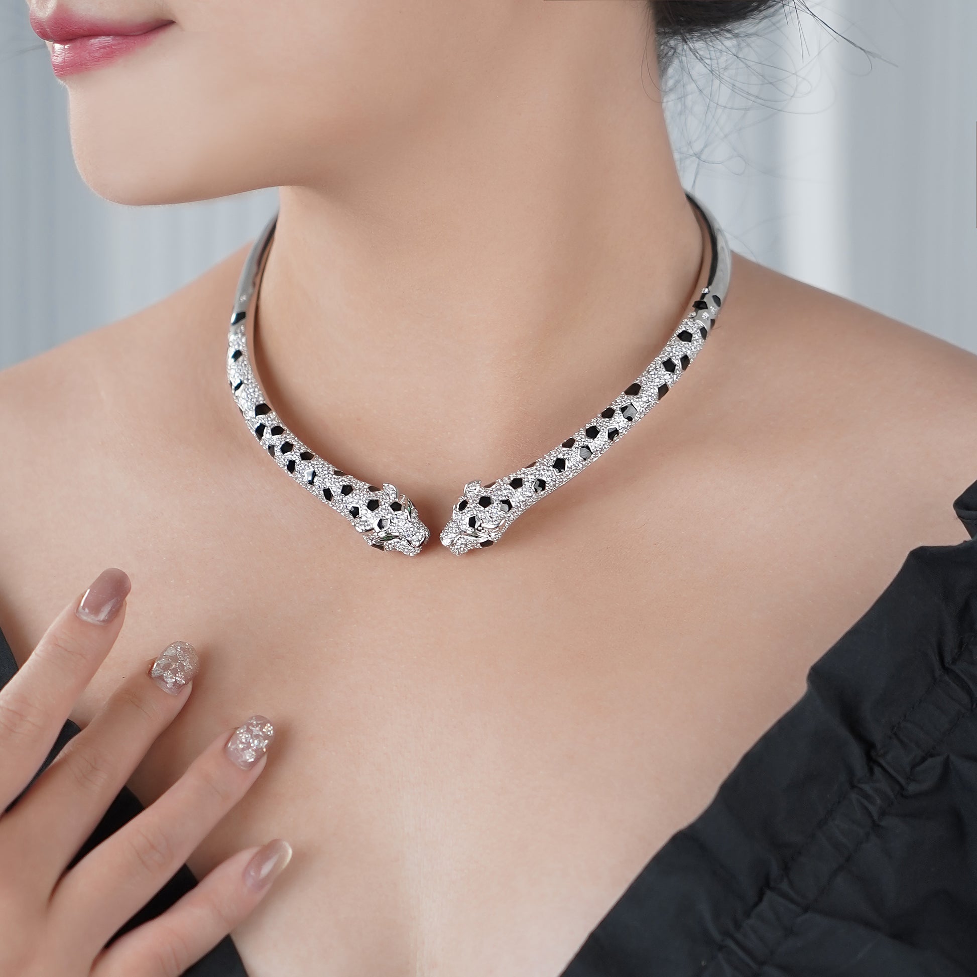 Leopard Choker Statement Hinge Necklace with Pave Simulated Diamond in Brass 16"- Stars and Vogue