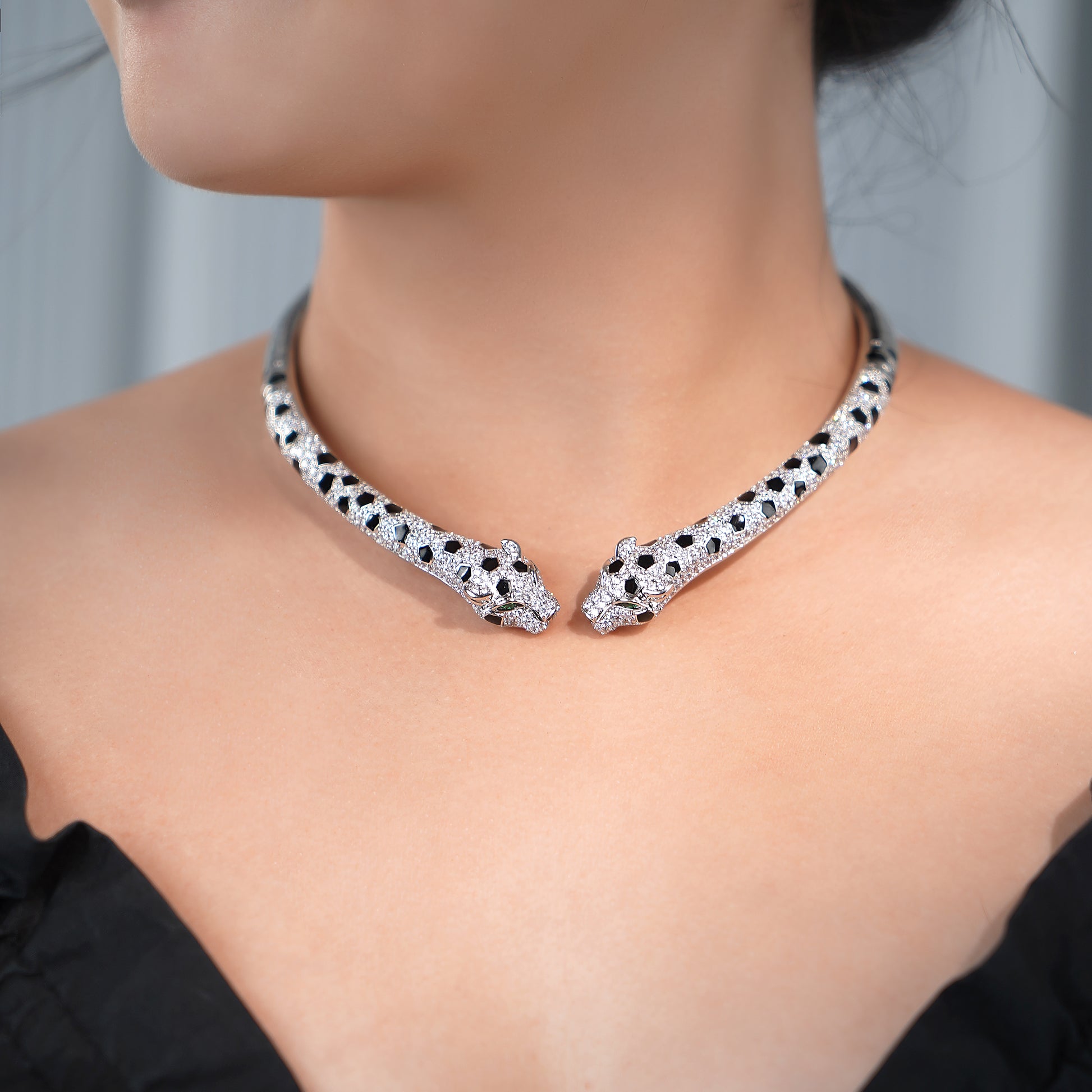 Leopard Choker Statement Hinge Necklace with Pave Simulated Diamond in Brass 16"- Stars and Vogue