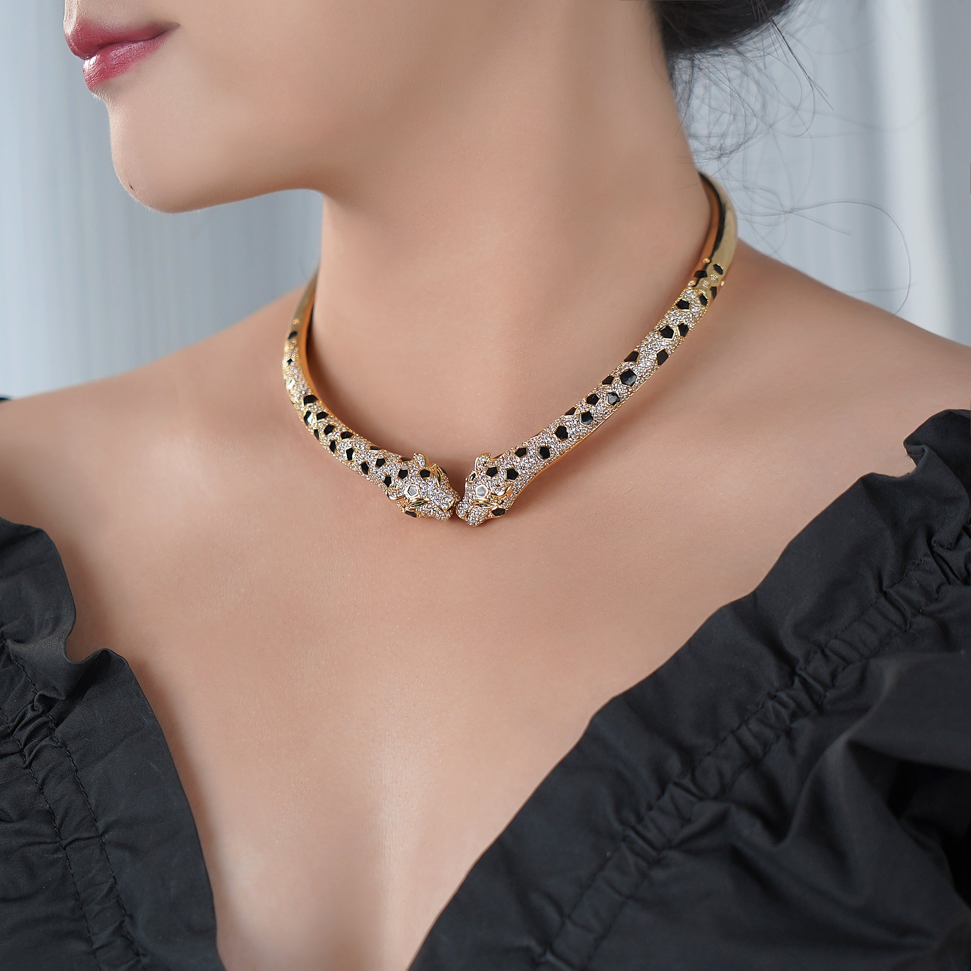 Leopard Choker Statement Hinge Necklace in Pave Simulated Diamond and Yellow Gold Over Brass 16"- Stars and Vogue