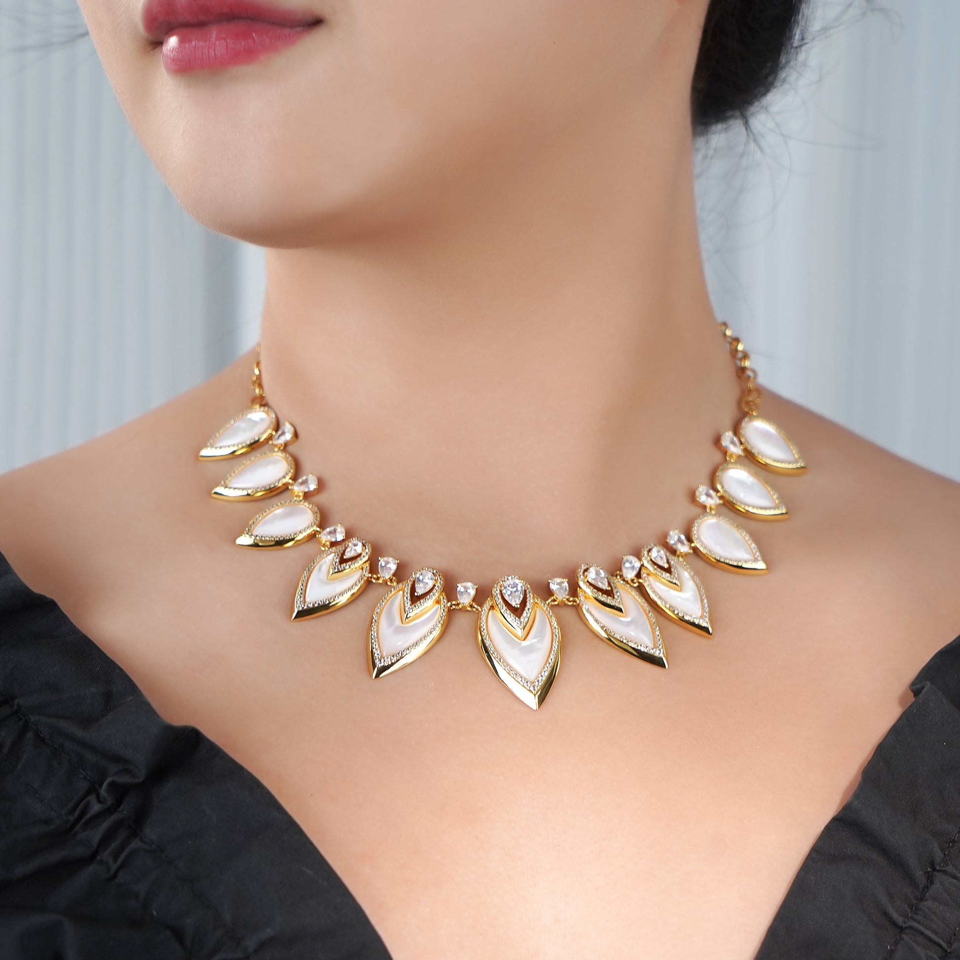 Designer Statement Necklace in Simulated White Mother of Pearl and Pave Simulated Diamond in Yellow Gold plated Brass 16"+2"extender- Stars and Vogue