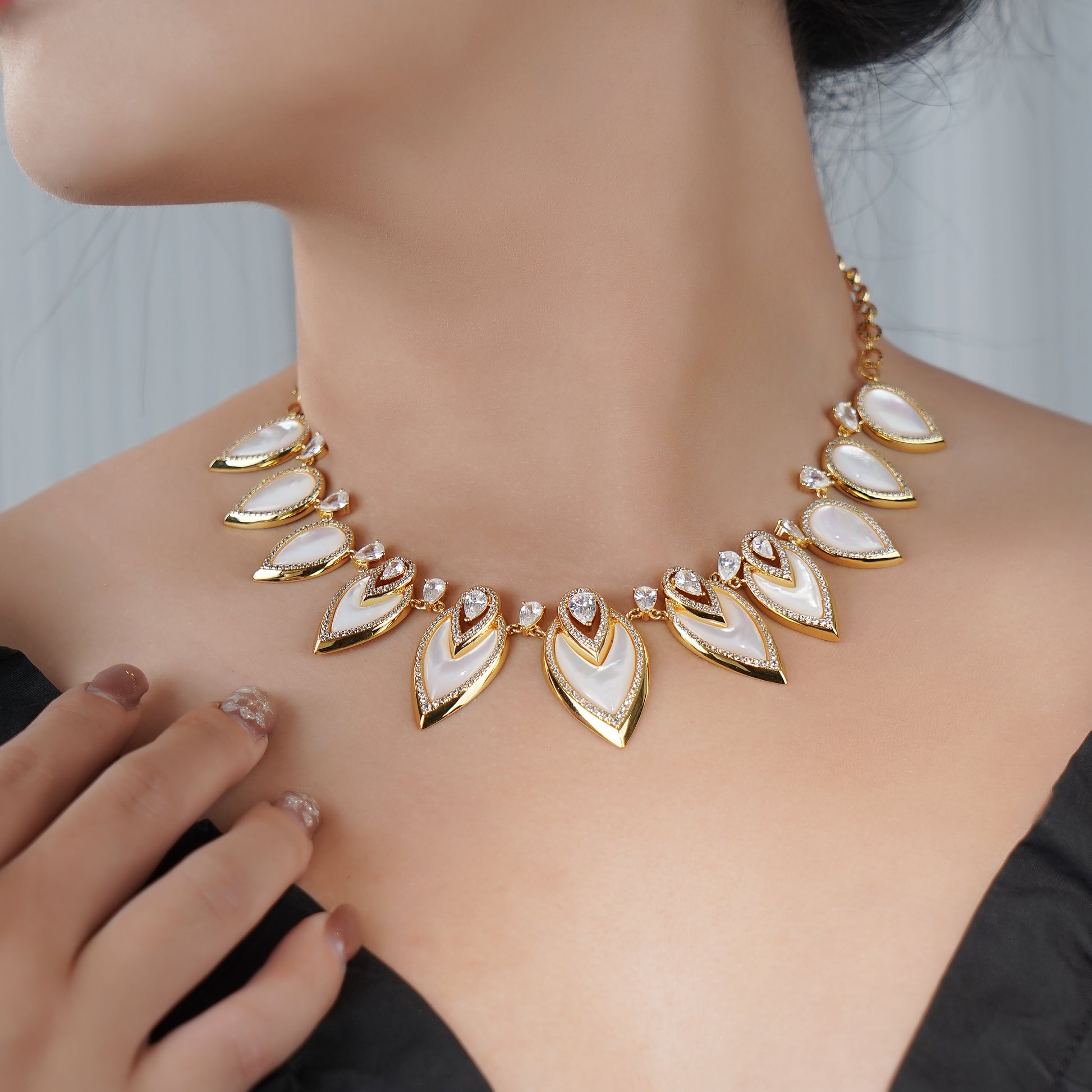 Designer Statement Necklace in Simulated White Mother of Pearl and Pave Simulated Diamond in Yellow Gold plated Brass 16"+2"extender- Stars and Vogue