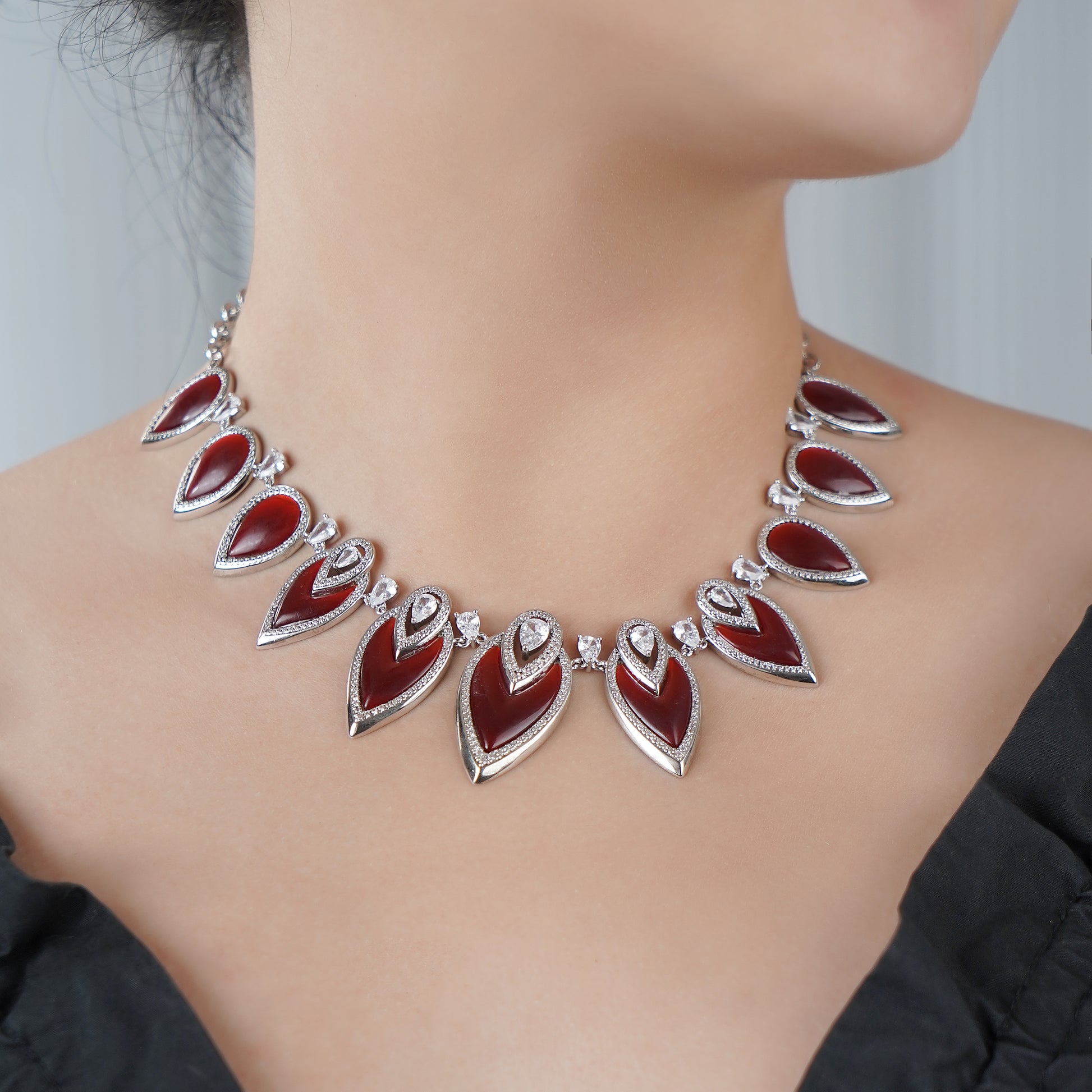 Designer Statement Necklace in Simulated Red Coral and Pave Simulated Diamond in Brass 16"+2"extender- Stars and Vogue