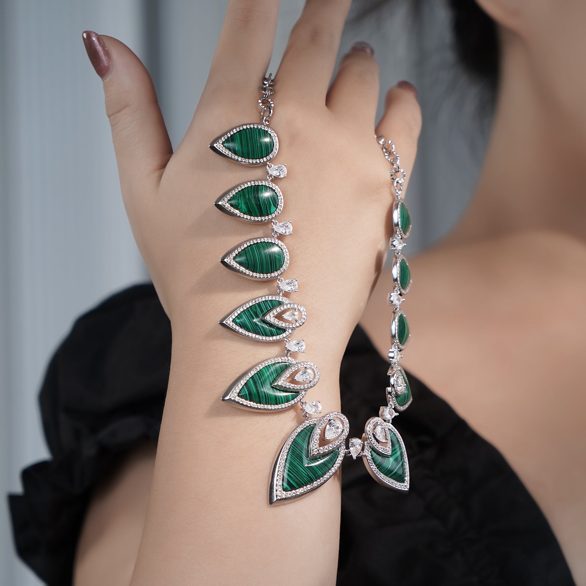 Designer Statement Necklace in Simulated Green Malachite and Pave Simulated Diamond in Brass 16"+2"extender- Stars and Vogue