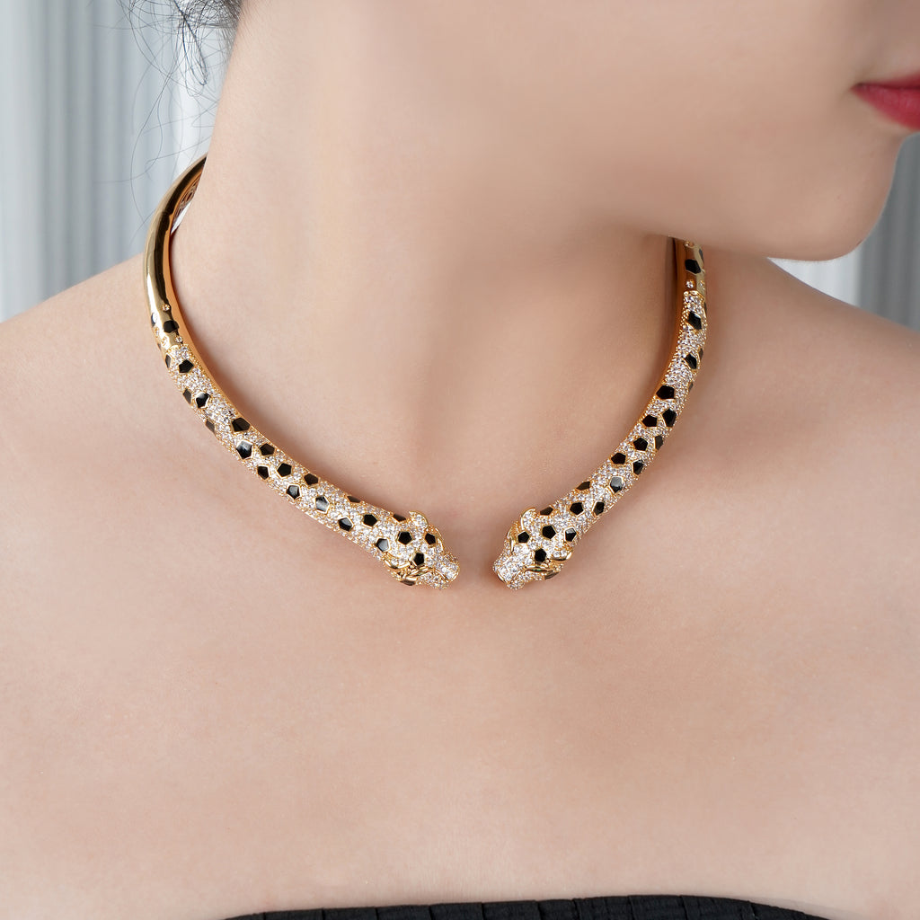 Leopard Choker Statement Hinge Necklace in Pave Simulated Diamond and Yellow Gold Over Brass 16"- Stars and Vogue