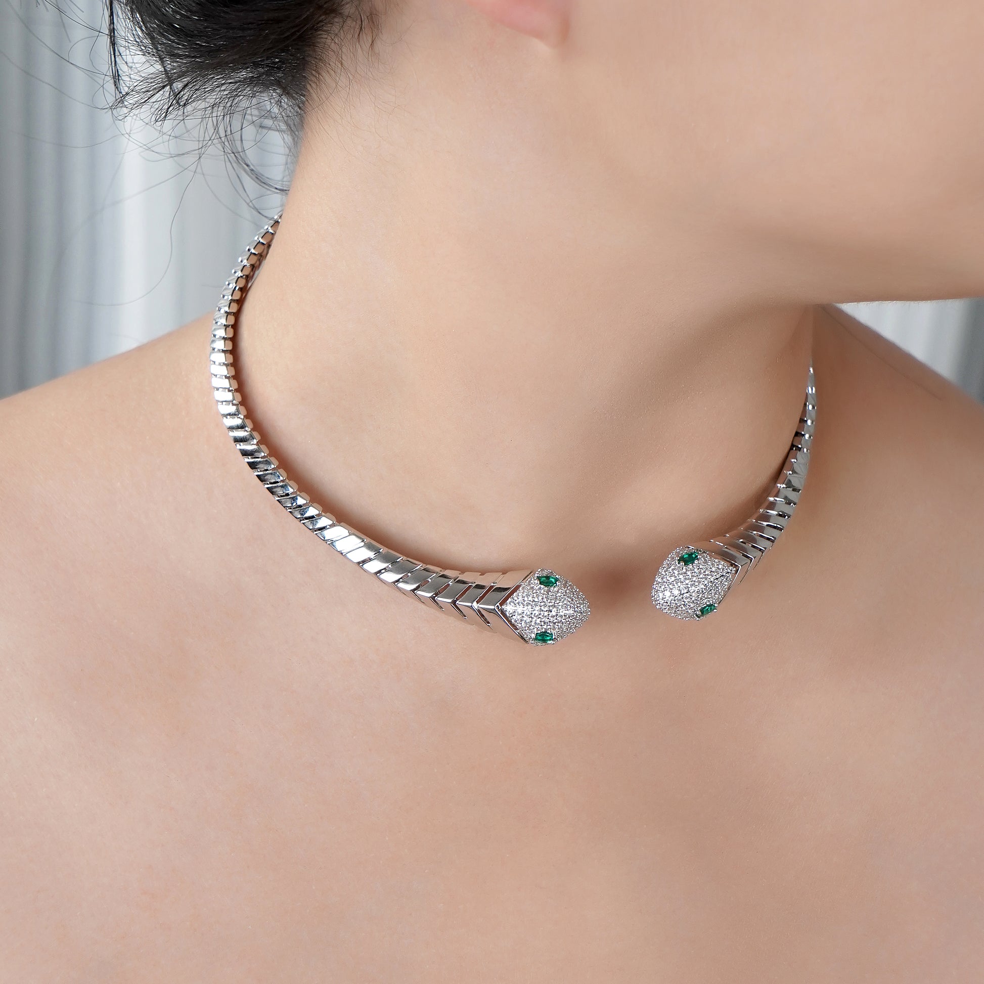 Snake Choker Statement Hinge Necklace with Pave Simulated Diamond in Brass 16"- Stars and Vogue