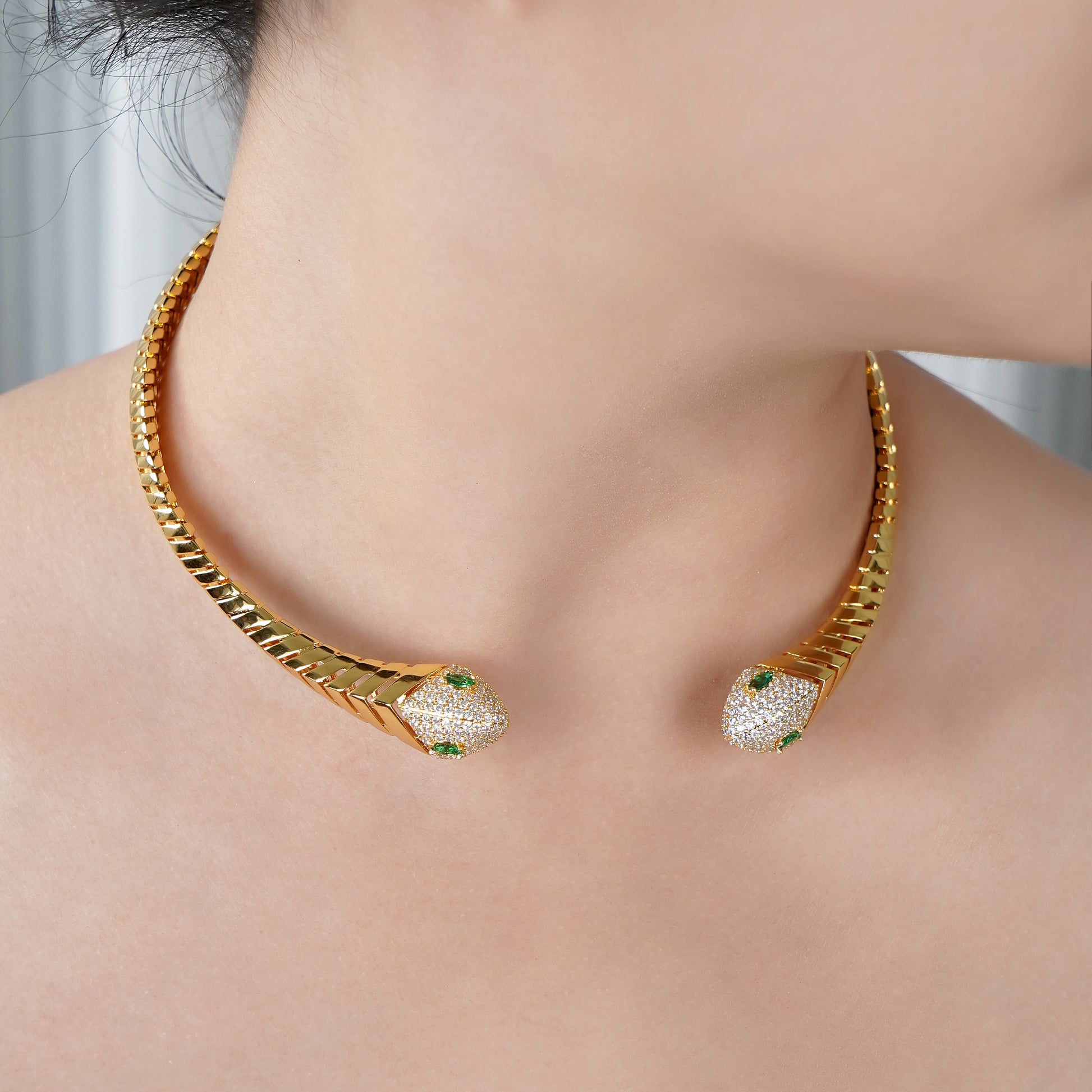 Snake Choker Statement Hinge Necklace with Pavé Simulated Diamonds in Yellow Gold Plated Brass 16"- Stars and Vogue