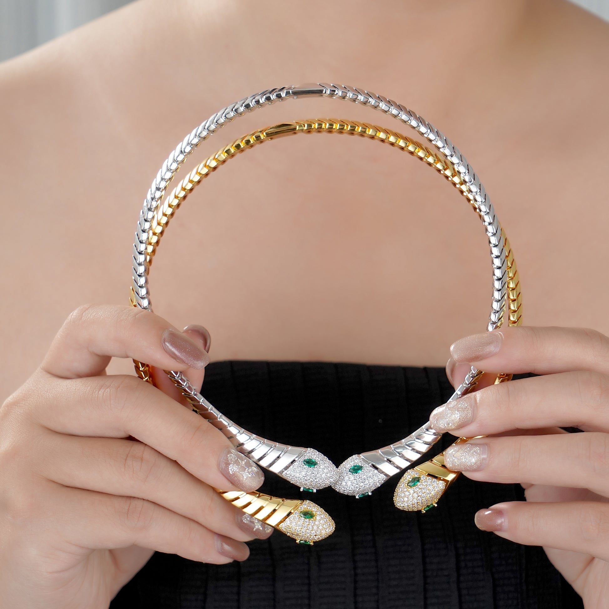 Snake Choker Statement Hinge Necklace with Pavé Simulated Diamonds in Yellow Gold Plated Brass 16"- Stars and Vogue