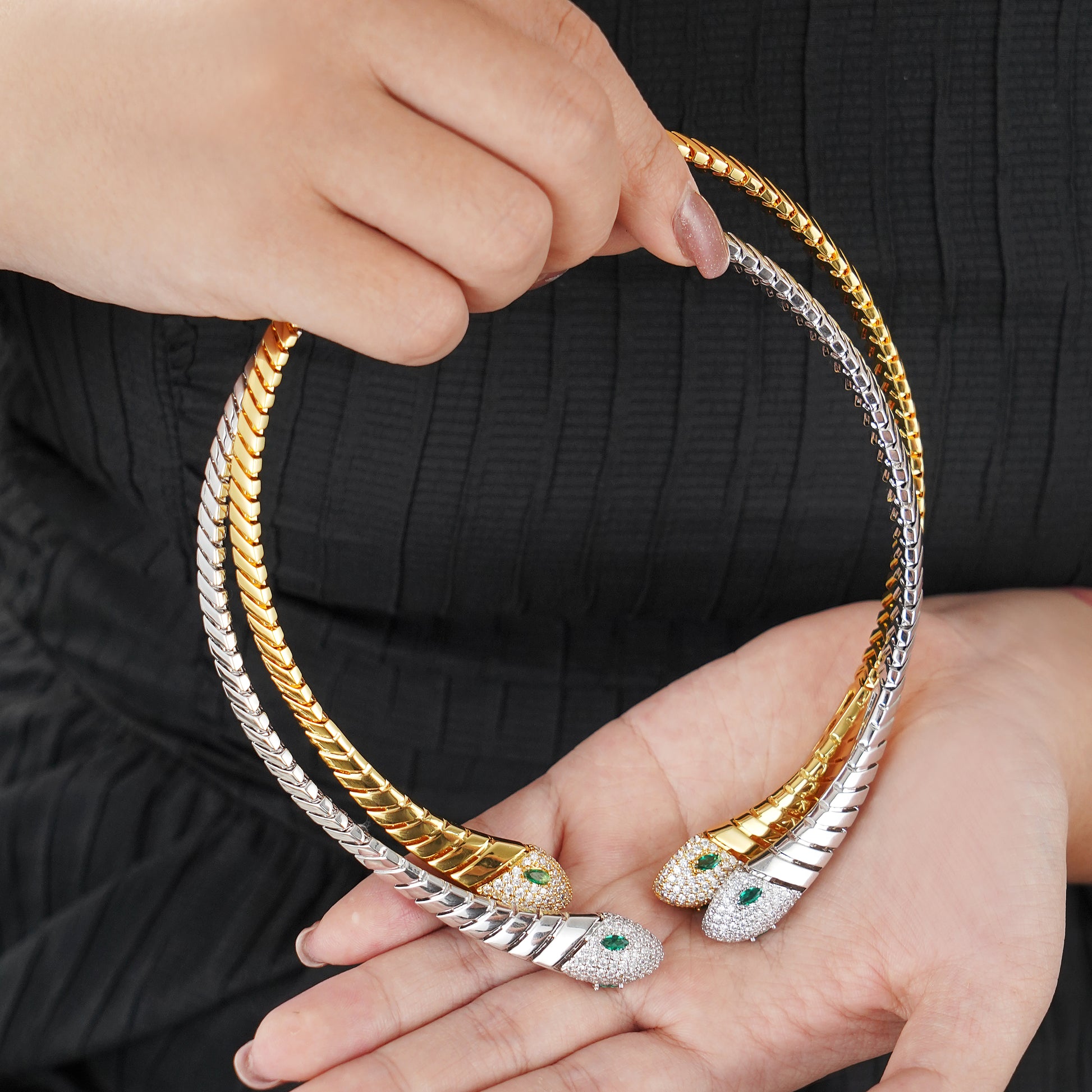 Snake Choker Statement Hinge Necklace with Pave Simulated Diamond in Brass 16"- Stars and Vogue