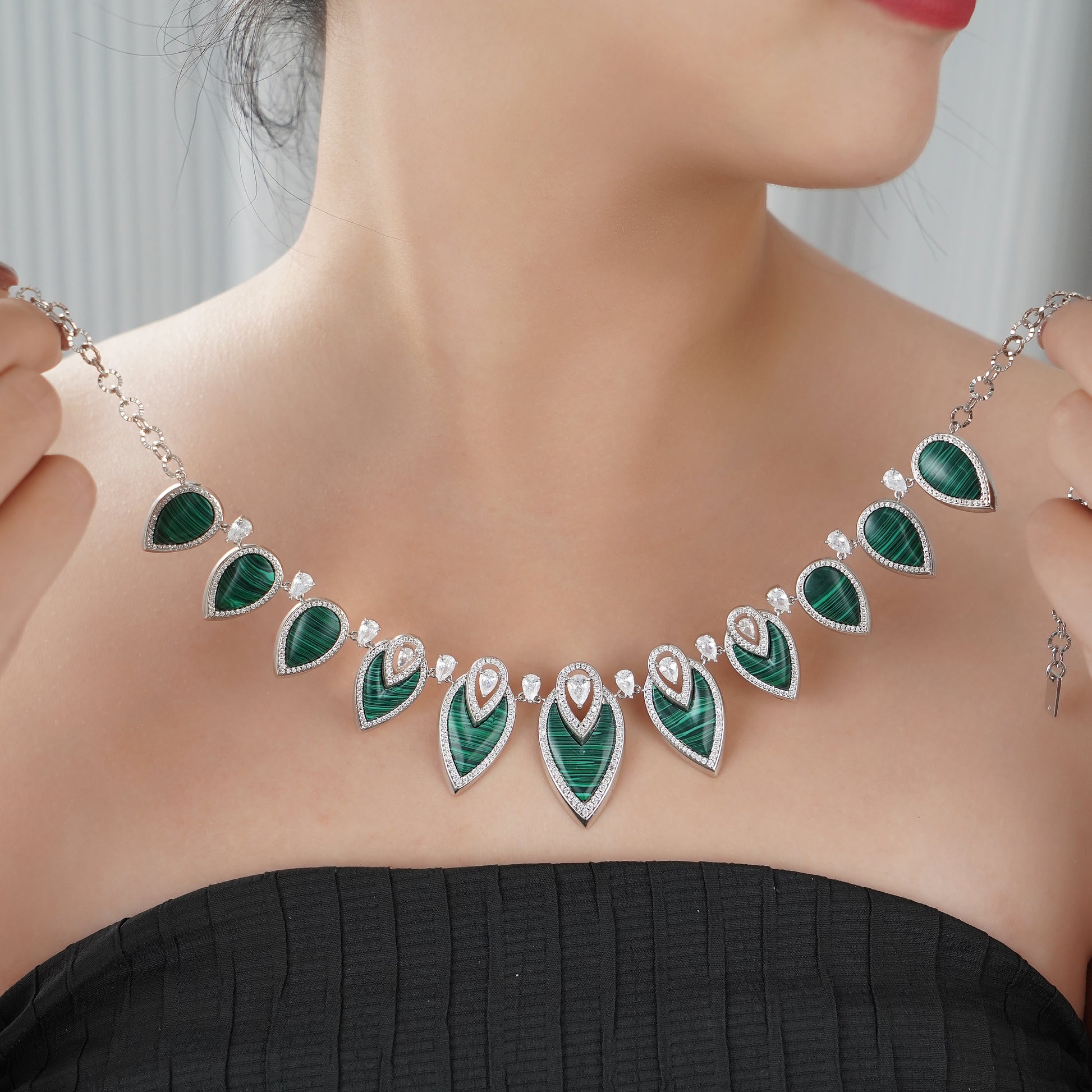 Designer Statement Necklace in Simulated Green Malachite and Pave Simulated Diamond in Brass 16"+2"extender- Stars and Vogue
