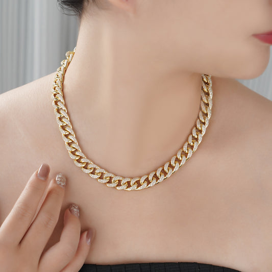 Cuban Link Chain Necklace with Pave Simulated Diamond 18" in Yellow Gold Plated Brass- Stars and Vogue