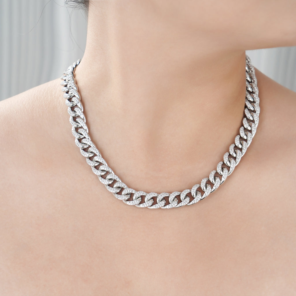 Cuban Link Chain Necklace with Pave Simulated Diamond 18" in Brass- Stars and Vogue