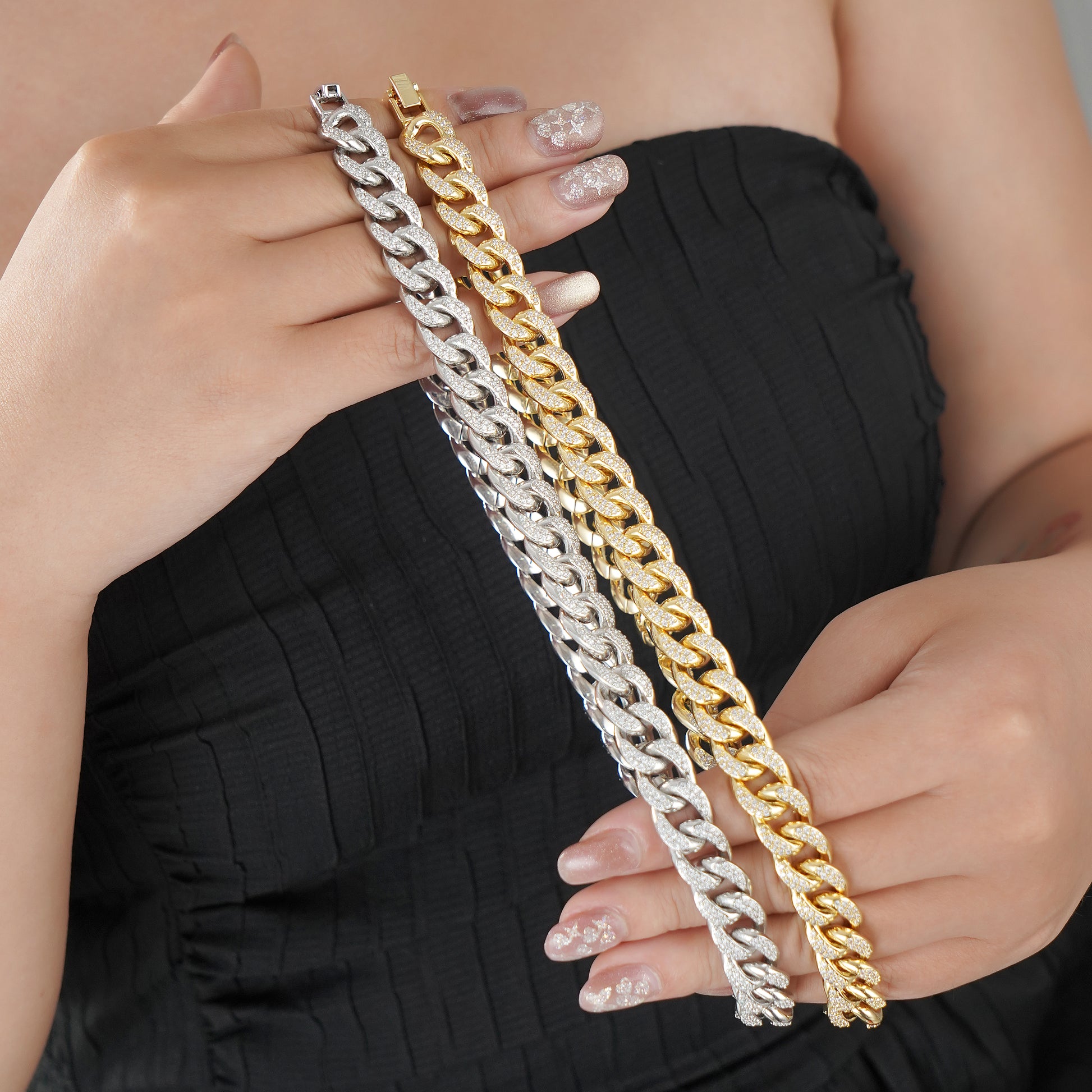 Cuban Link Chain Necklace with Pave Simulated Diamond 18" in Brass- Stars and Vogue