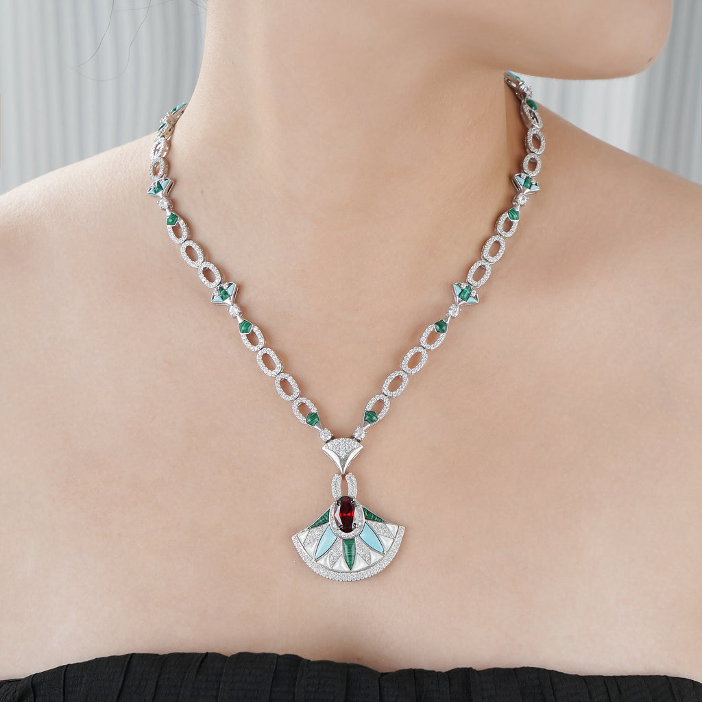 Designer Statement Fan Necklace in Mother of Pearl and Pave Simulated Diamond and Gemstone in Brass 18"+2" extender- Stars and Vogue