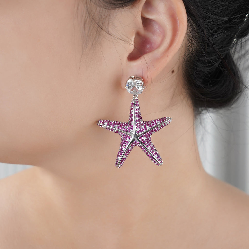 Statement Starfish Earrings on Model with Pavé Simulated Red Diamonds in Brass with Silver Findings 2.15"- Stars and Vogue