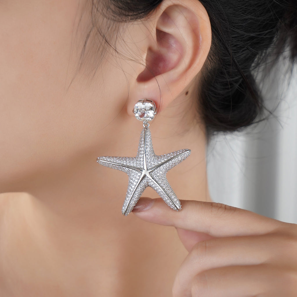 Statement Starfish earring with Model Pave Simulated Diamond in Brass with Silver Findings 2.15"- Stars and Vogue