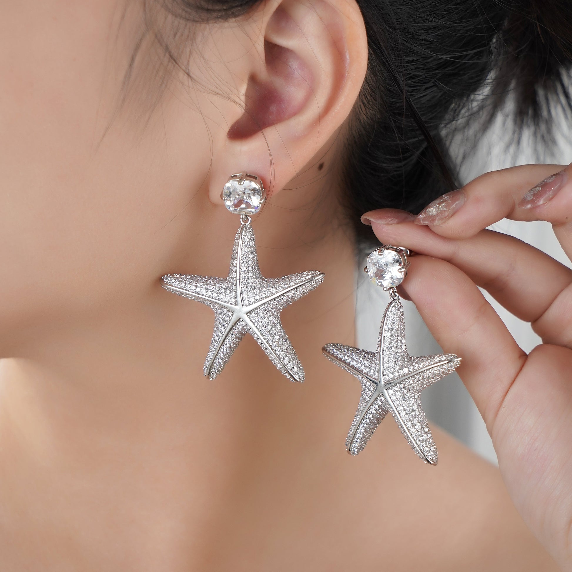 Statement Starfish earring with Pave Simulated Diamond in Brass with Silver Findings 2.15"- Stars and Vogue