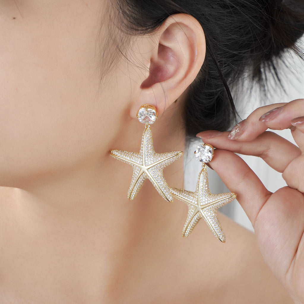 Statement Starfish earring with Model with Pave Simulated Diamond in Yellow Gold Over Brass with Silver Findings 2.15"- Stars and Vogue